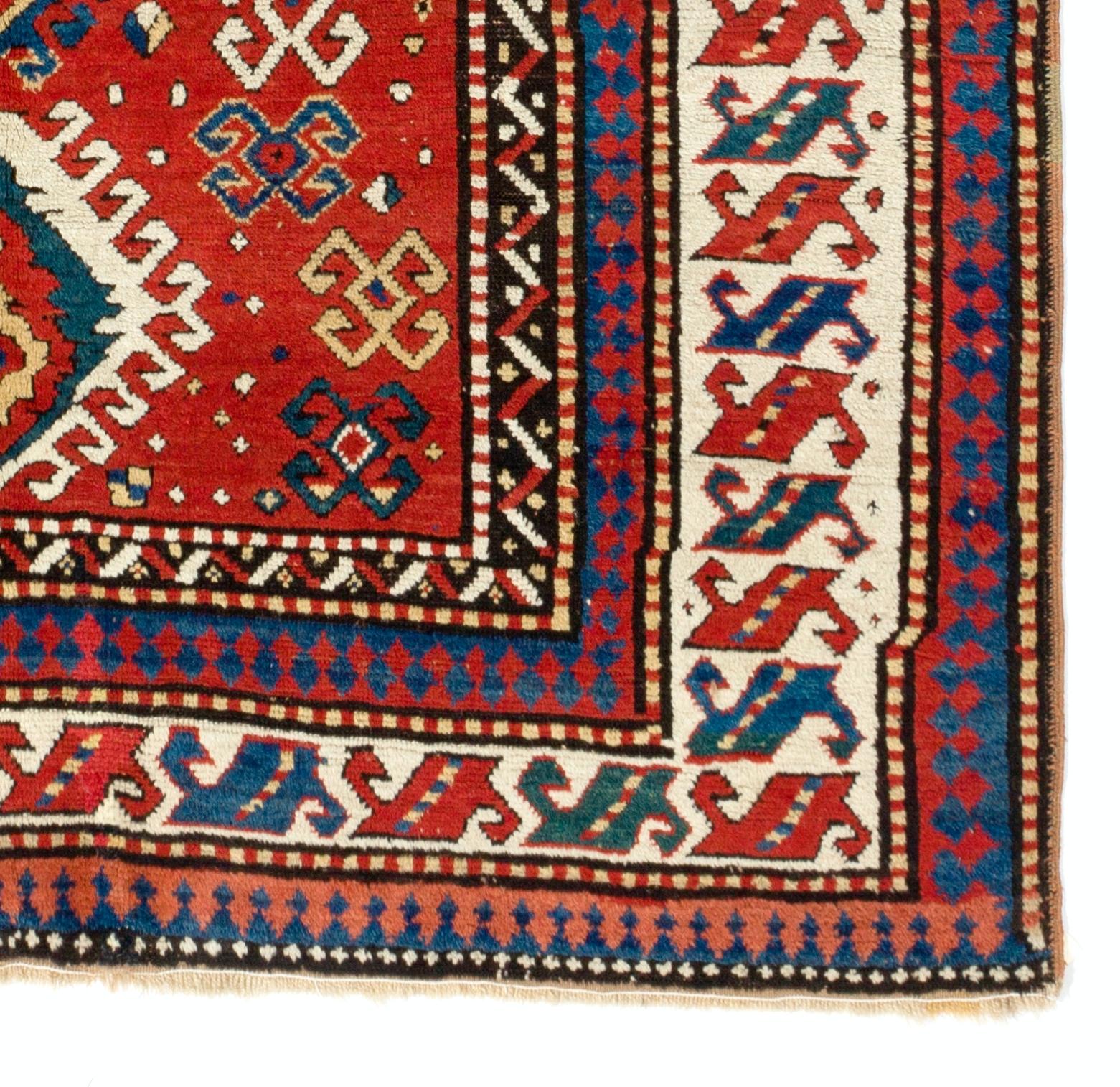 5.6x8 Ft Antique Caucasian Kazak Rug, Ca 1850. Natural Dyes. Excellent Condition For Sale 1