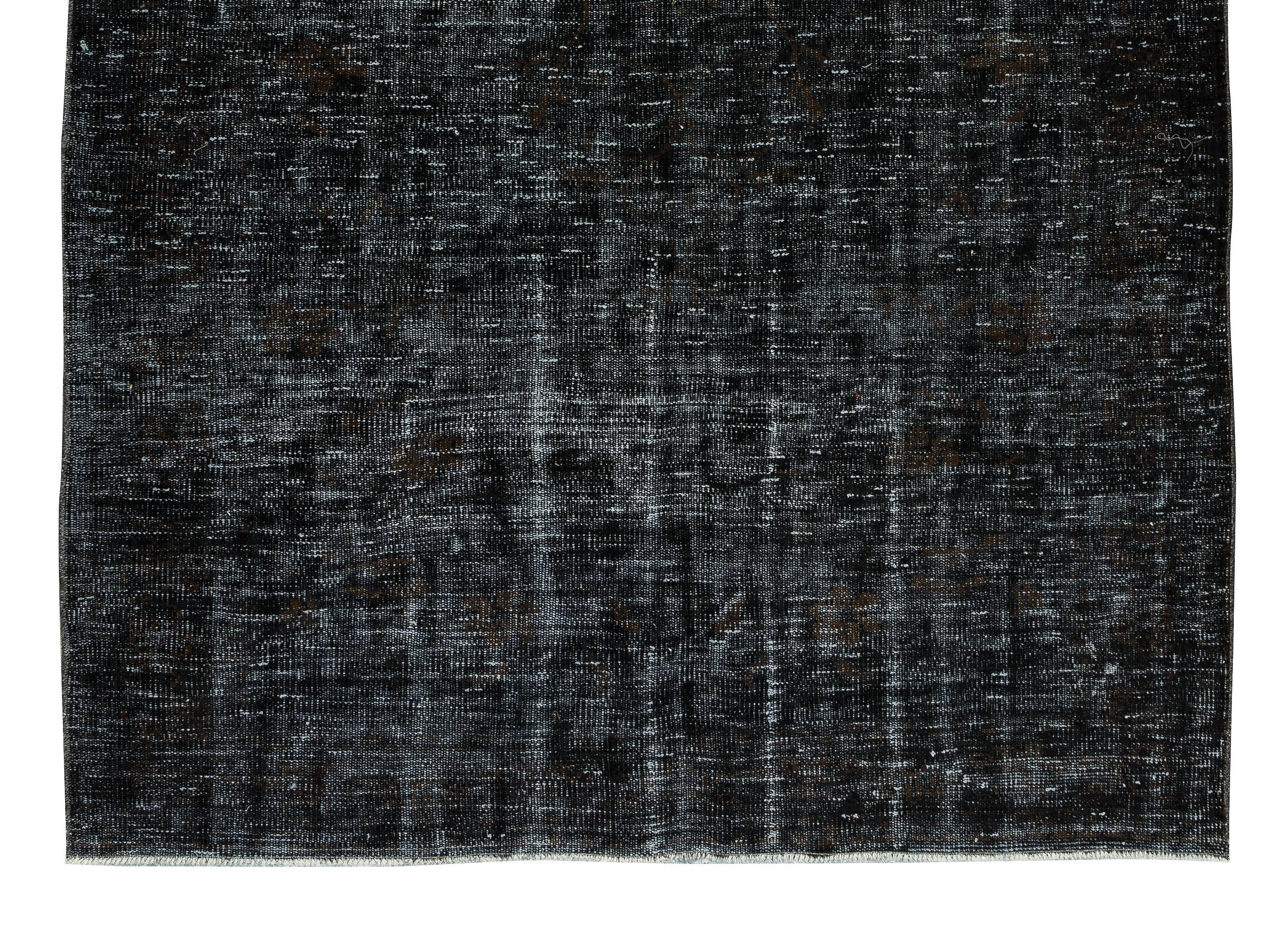 Contemporary Turkish Rug Over-Dyed in Black, Vintage Handmade Carpet In Good Condition For Sale In Philadelphia, PA