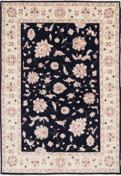 5.6x8 ft Hand Knotted Floral Area Rug with Black Field and Beige Border