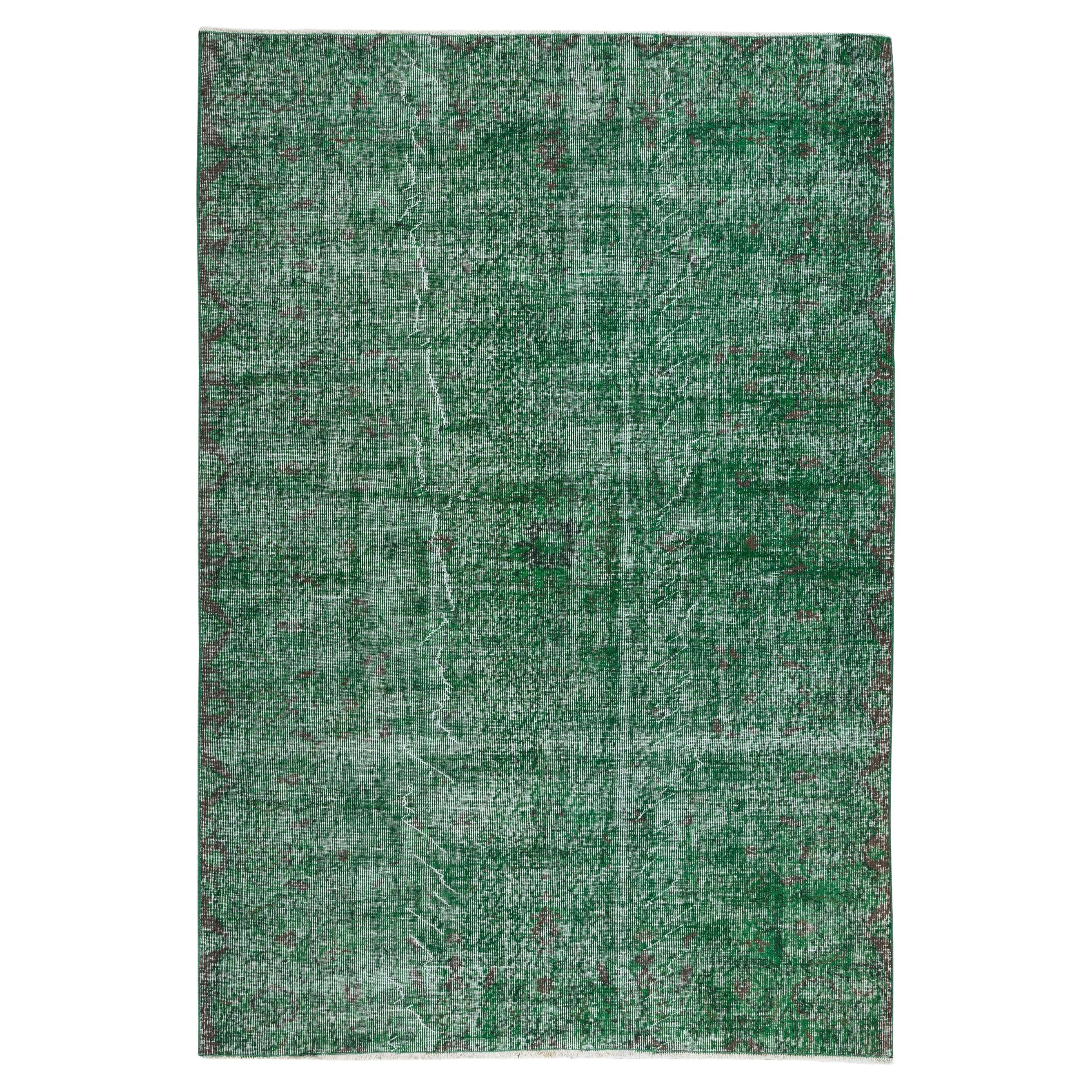 5.6x8 Ft Handmade Vintage Turkish Rug Re-Dyed in Green, Great 4 Modern Interiors