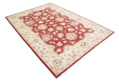 5.6x8 ft Traditional Handknotted Floral Area Rug with Red Field and Beige Border