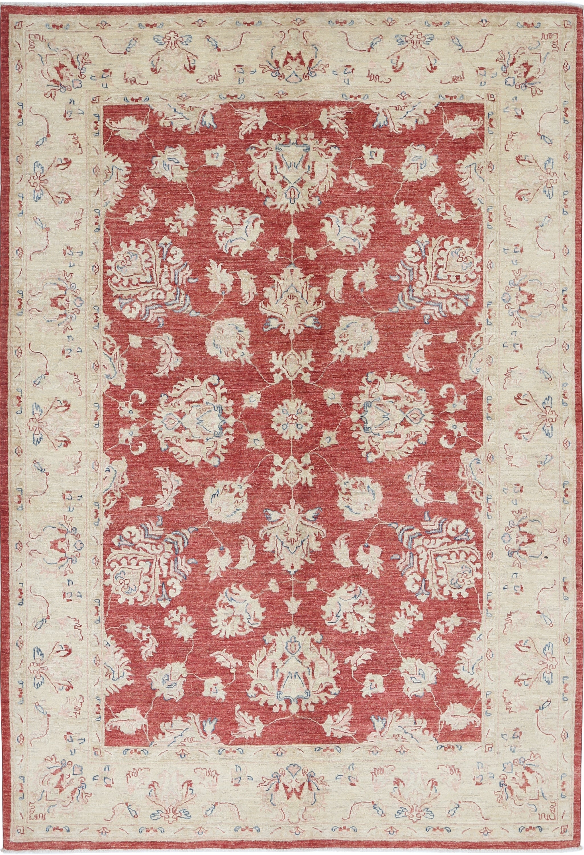 5.6x8 ft Traditional Handknotted Floral Area Rug with Red Field and Beige Border For Sale