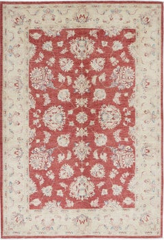5.6x8 ft Traditional Handknotted Floral Area Rug with Red Field and Beige Border