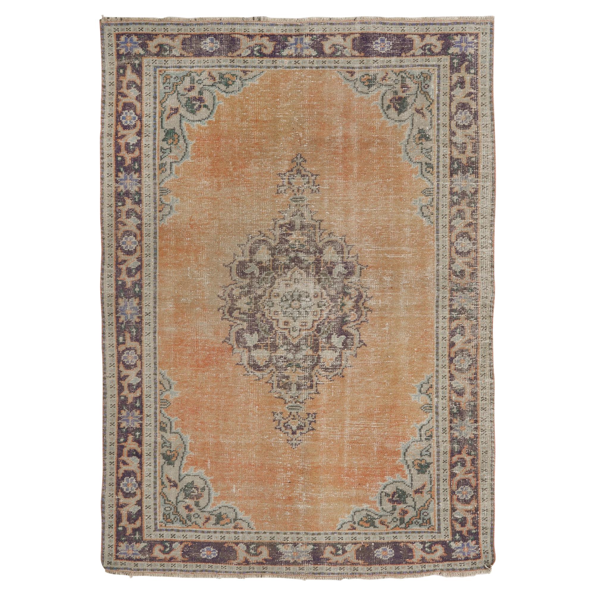 5.6x8 Ft Vintage Hand-Knotted Turkish Rug in Red and Black with Medallion Design For Sale