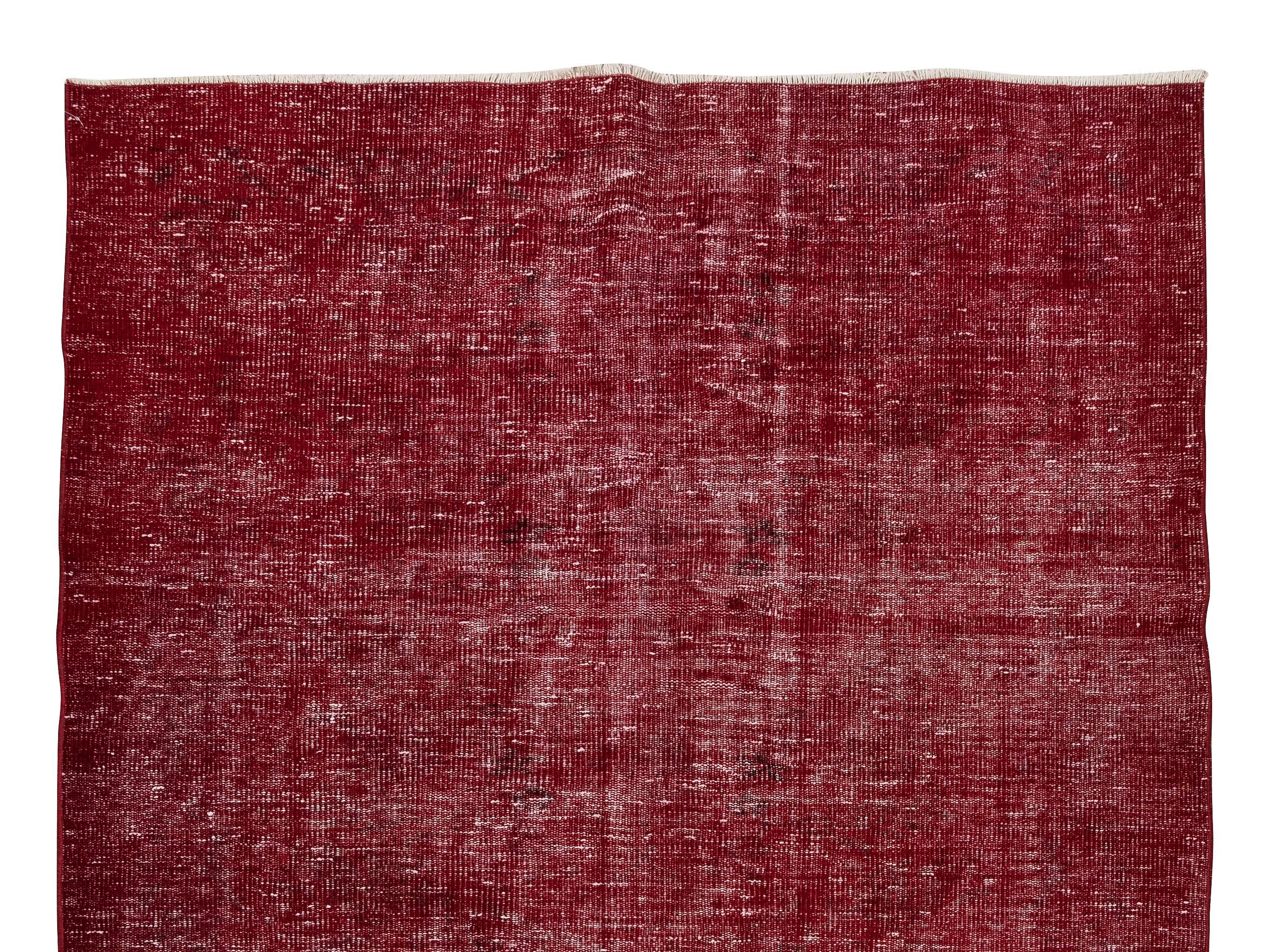 5.6x8.4 Ft Turkish 1960s Hand Made Solid Rug Re-Dyed in Red for Modern Interiors In Good Condition For Sale In Spring Valley, NY