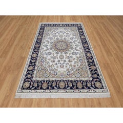 5'6"x8'4" Ivory Hand Knotted Nain with Medallion Design Wool & Silk 250 KPSI Rug