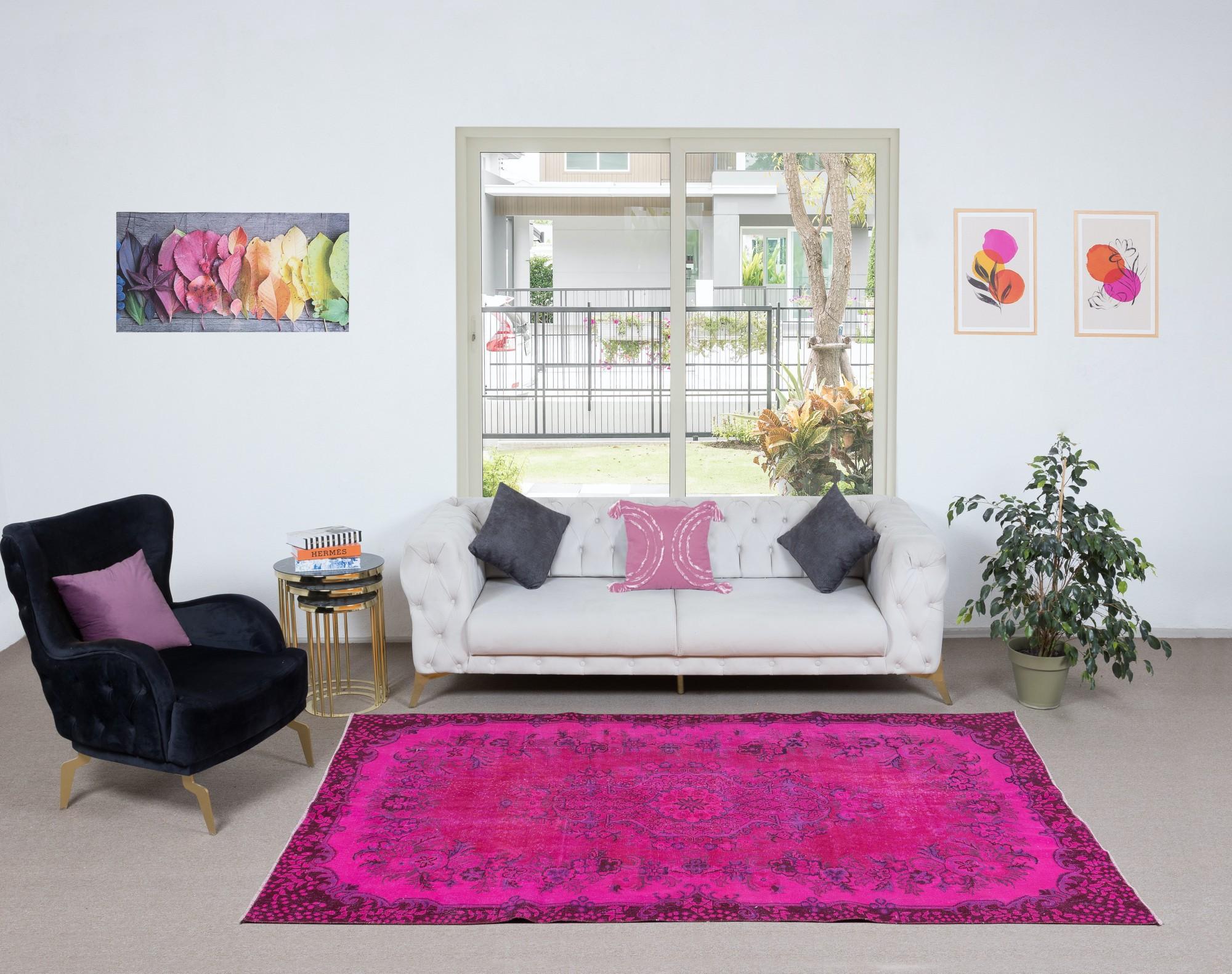 20th Century 5.6x8.6 Ft Hot Pink Modern Turkish Area Rug, Floral Pattern Handmade Carpet For Sale