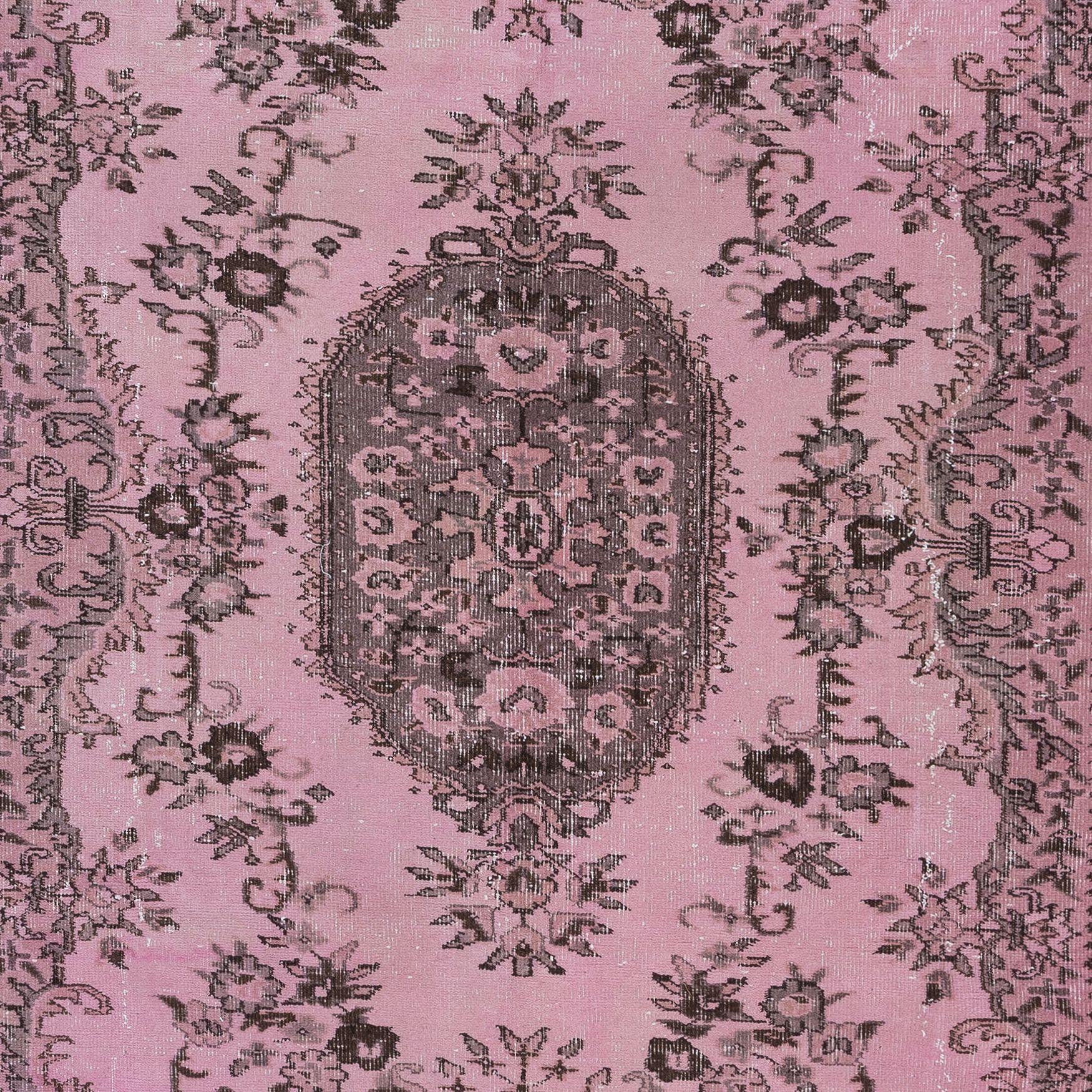 Hand-Knotted 5.6x8.6 Ft Pink Area Rug for Modern Interior, Handmade Turkish Decorative Carpet