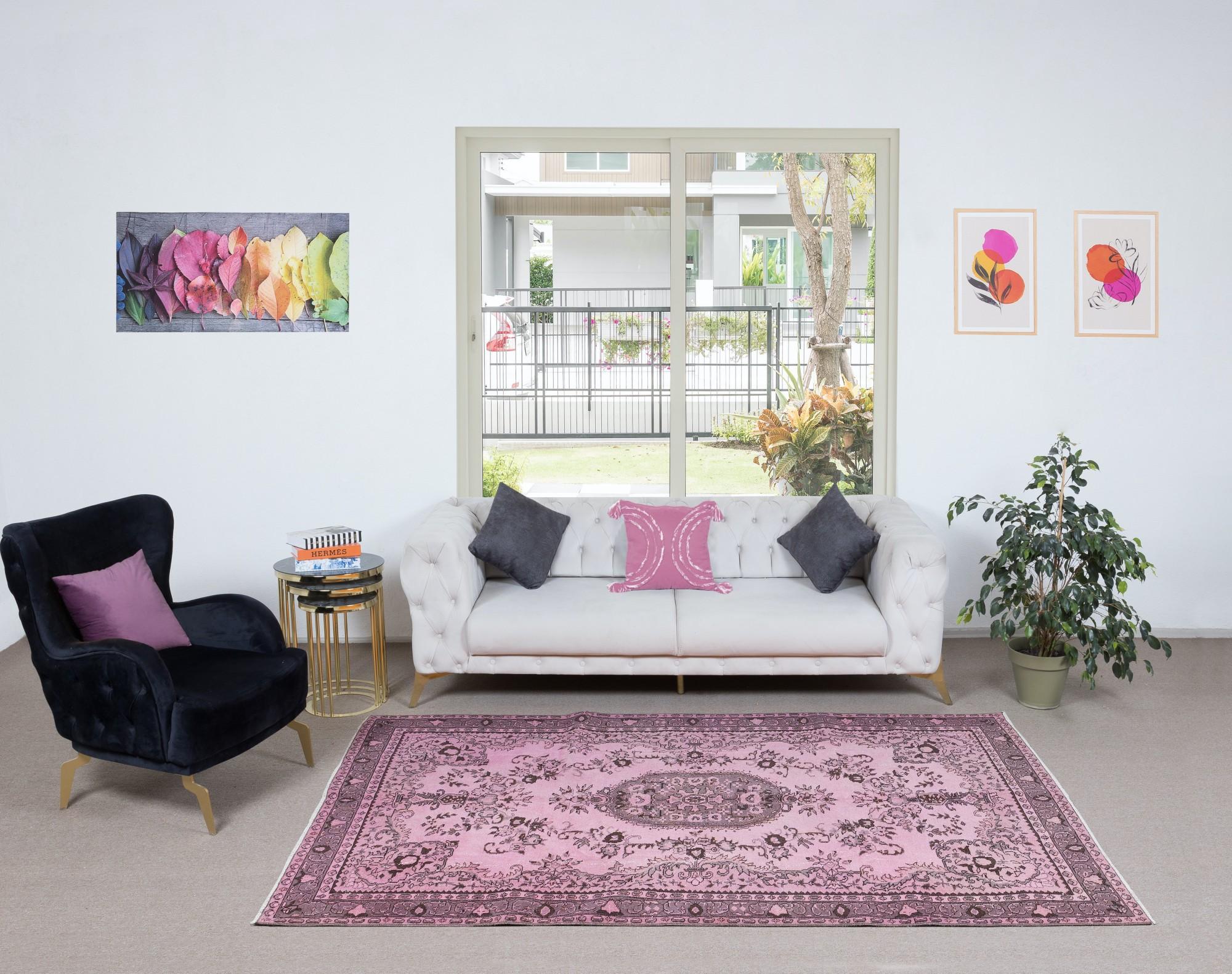 20th Century 5.6x8.6 Ft Pink Area Rug for Modern Interior, Handmade Turkish Decorative Carpet
