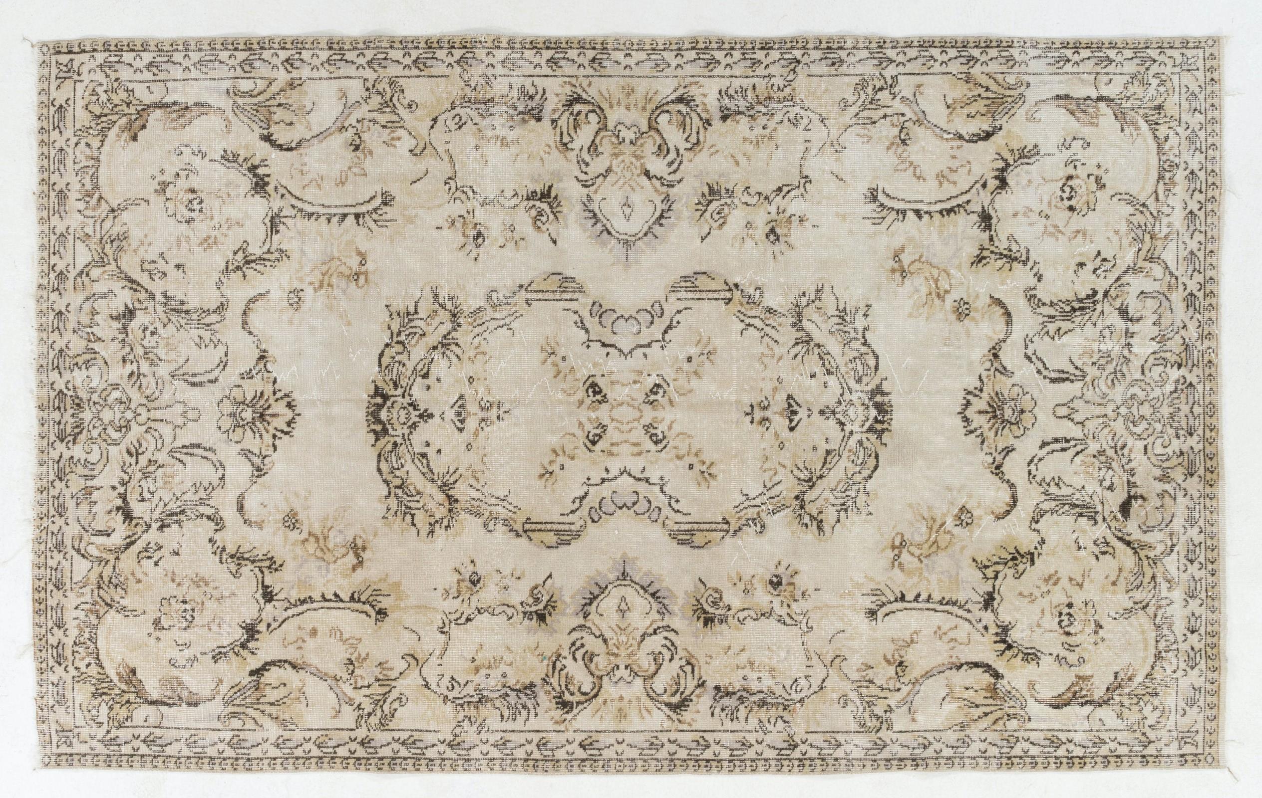 Hand-Knotted Vintage Handmade Aubusson Inspired Turkish Wool Rug in Beige, Brown For Sale