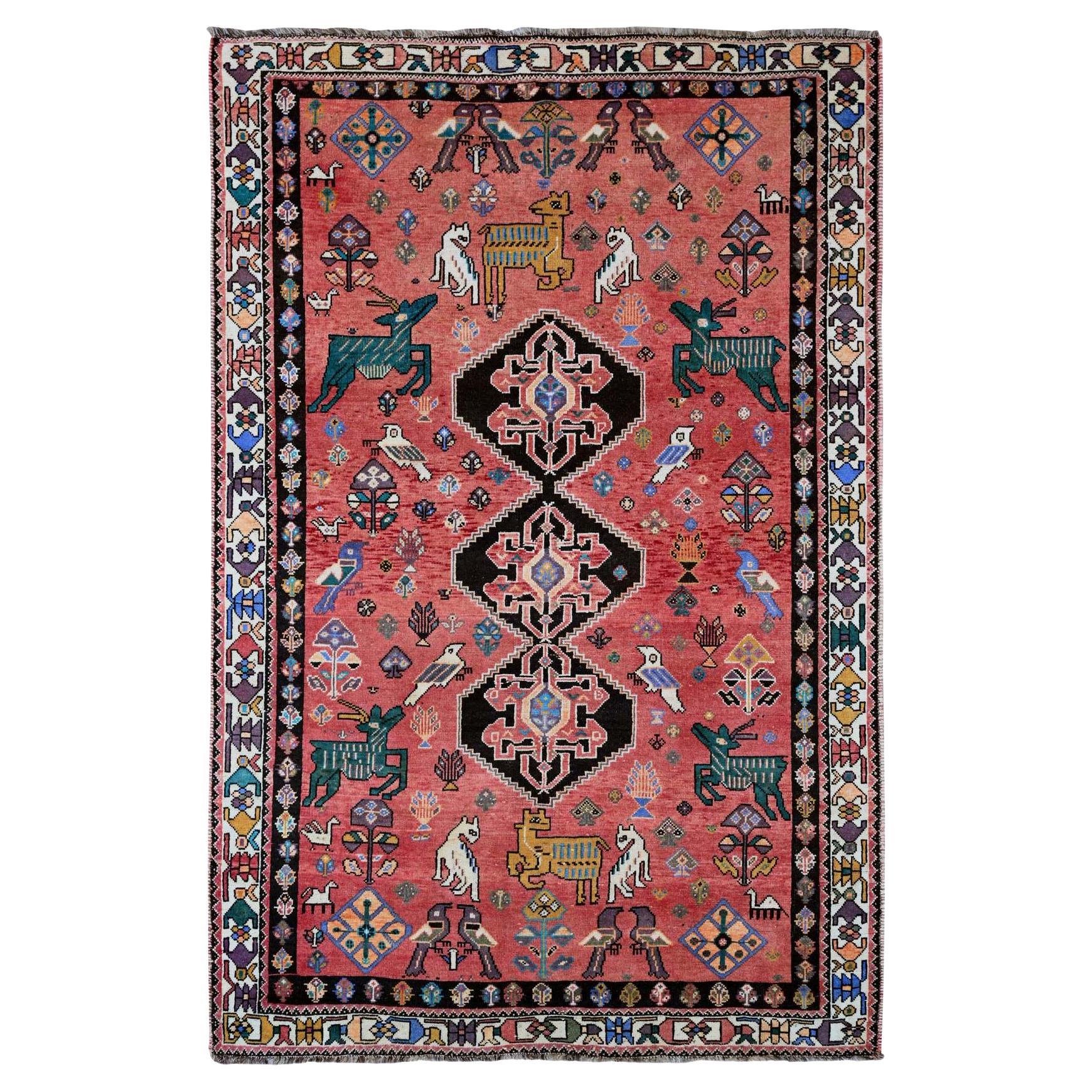 5'6 "x8'7" Rouge Vintage Persan Shiraz Figurines d'oiseaux Knots Rugs Laine Pure nouée à la main