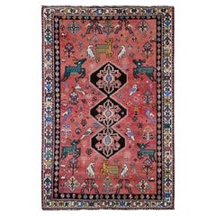 5'6"x8'7" Red Vintage Persian Shiraz Bird Figurines Hand Knotted Pure Wool Rug
