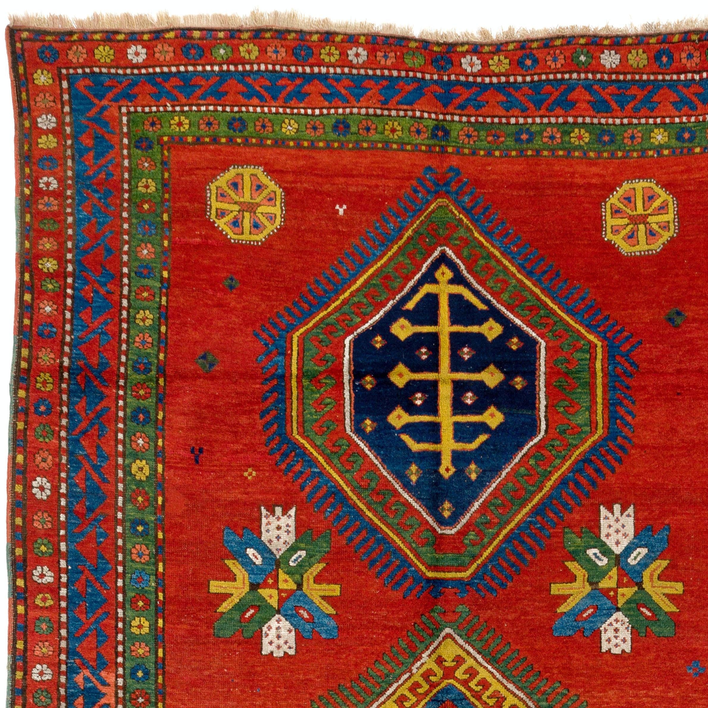 Hand-Knotted 5.6x8.8 Ft Antique Caucasian Armenian Kazak Rug, Ca 1900. Striking Natural Dyes For Sale