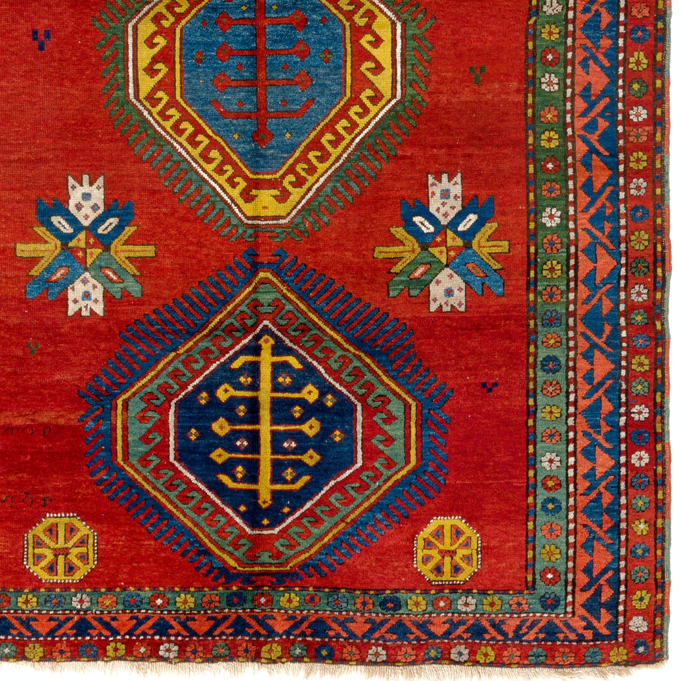 5.6x8.8 Ft Antique Caucasian Armenian Kazak Rug, Ca 1900. Striking Natural Dyes In Good Condition For Sale In Philadelphia, PA