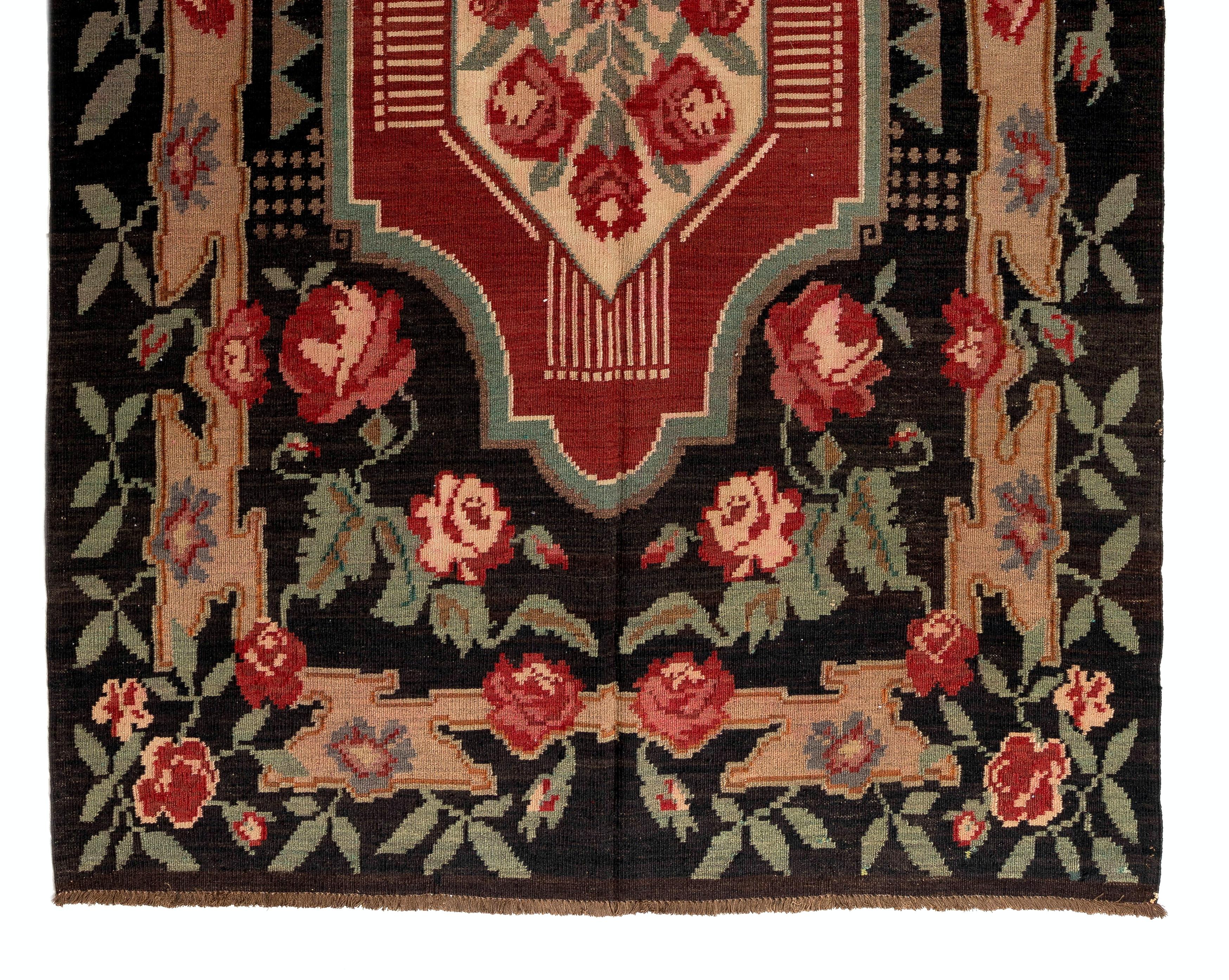 Bohemian 5.6x8.8 Ft Hand Woven Moldovan Kilim with Floral Design, Vintage Bessarabian Rug