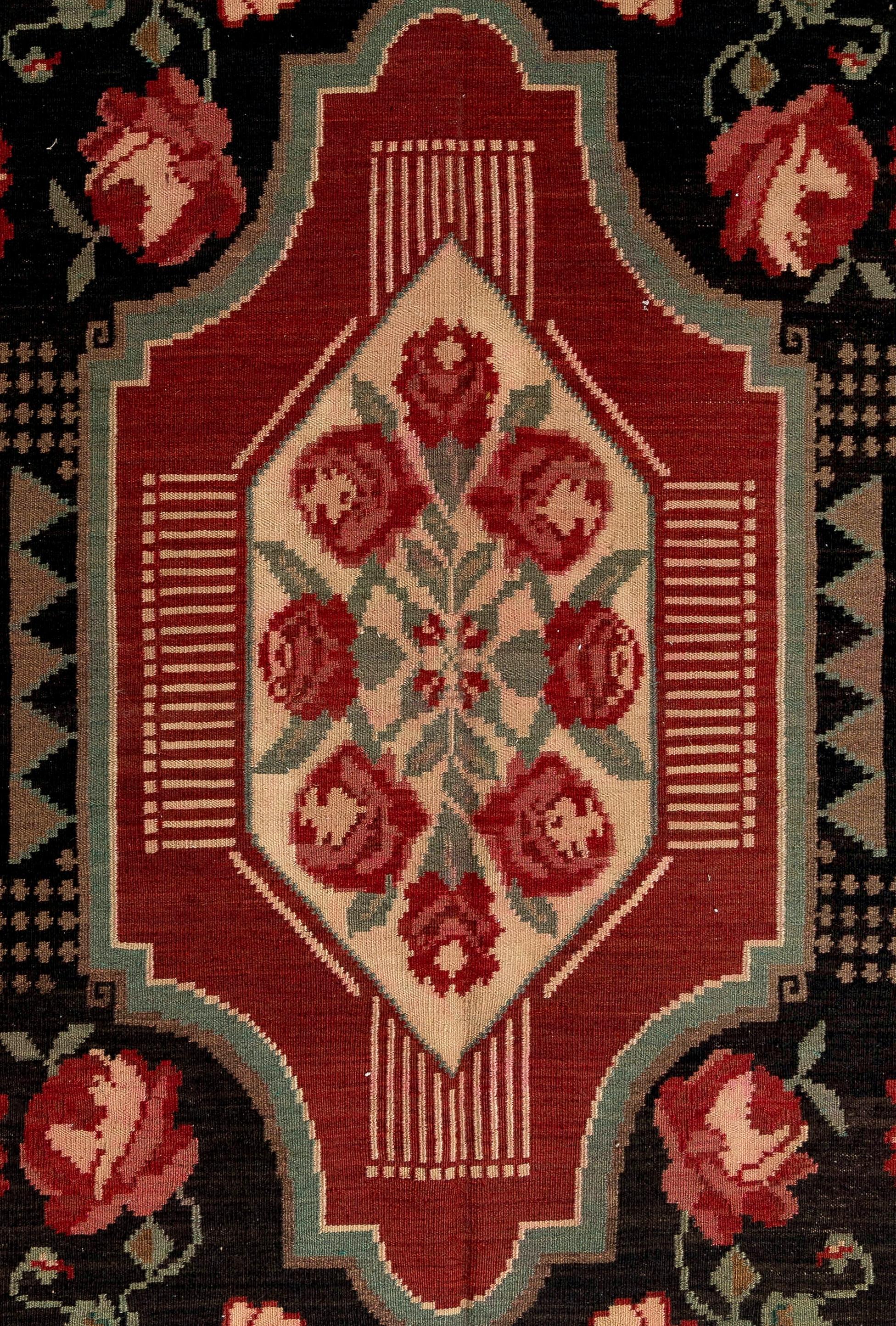 Hand-Woven 5.6x8.8 Ft Hand Woven Moldovan Kilim with Floral Design, Vintage Bessarabian Rug