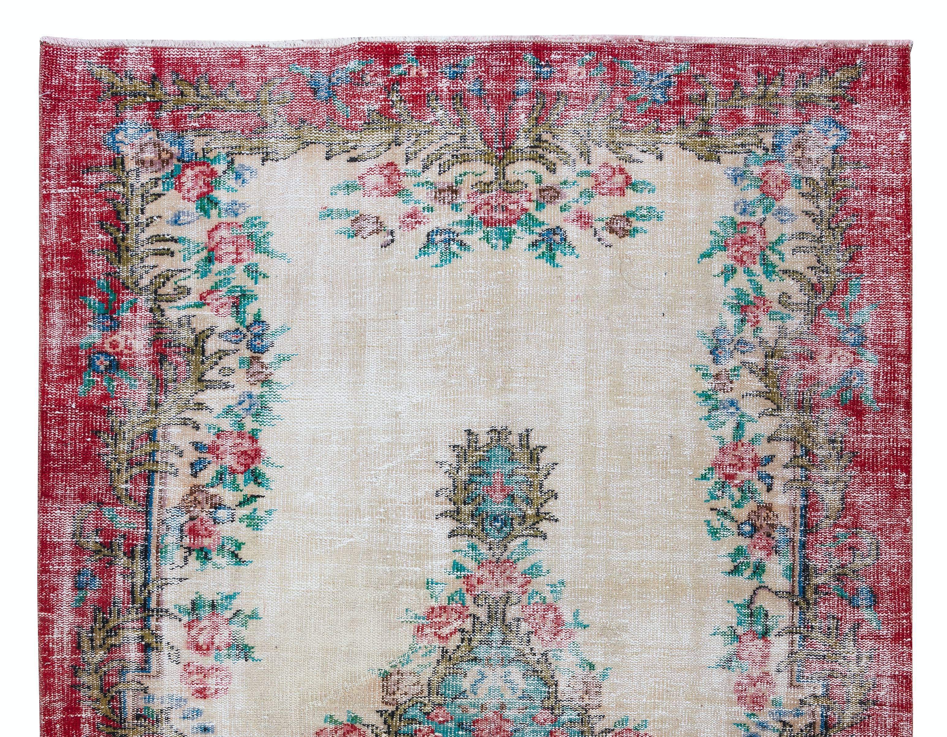 Hand-Woven Handknotted Turkish Area Rug with Roses, Flower Design Vintage Carpet For Sale