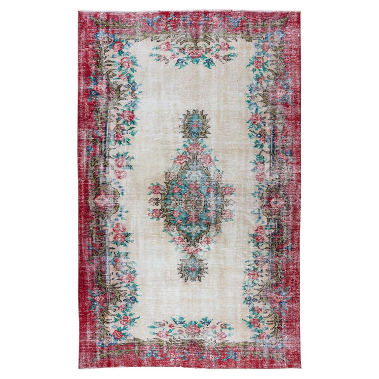 Handknotted Turkish Area Rug with Roses, Flower Design Vintage Carpet ...