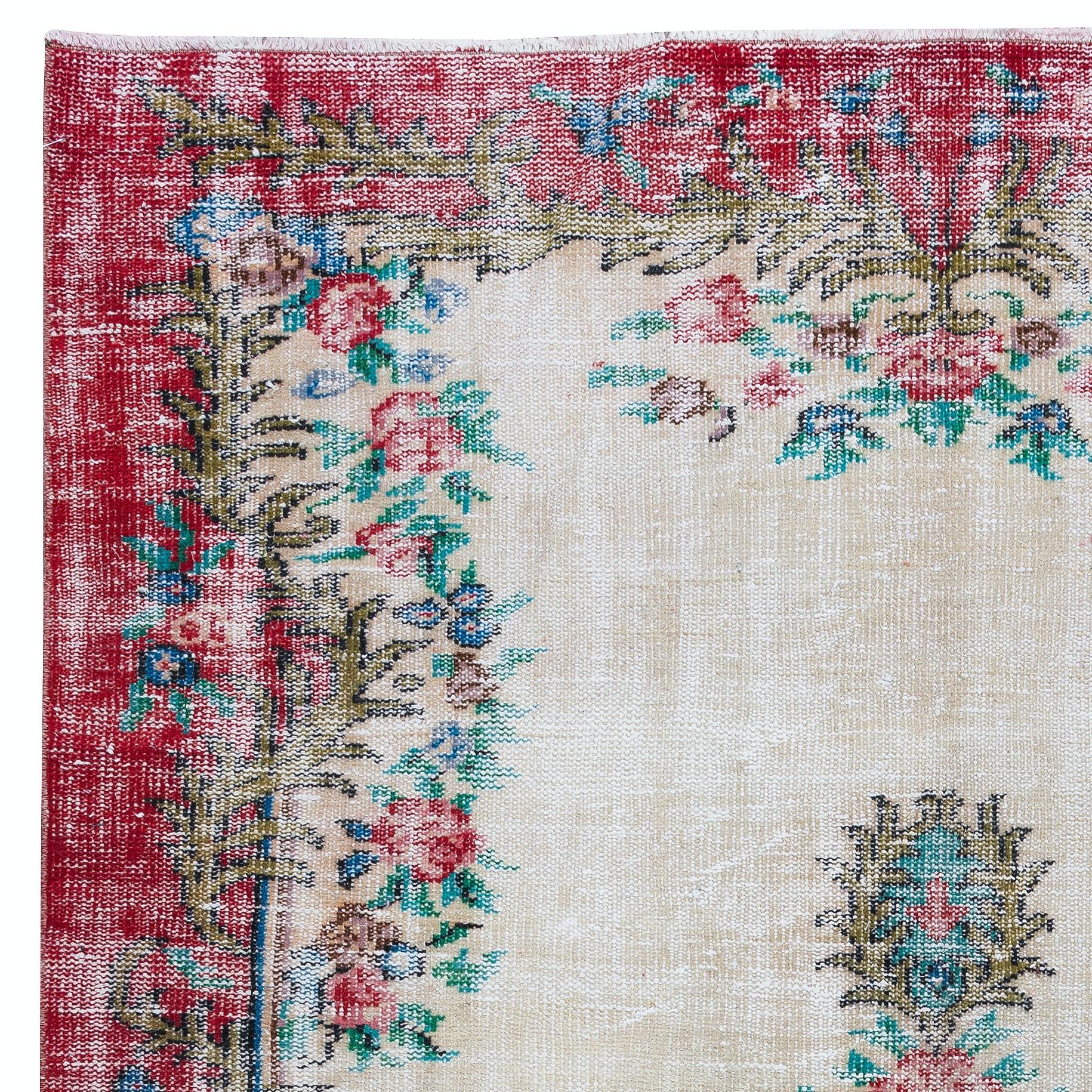 Oushak 5.6x8.8 Ft Handmade Turkish Area Rug with Roses, Vintage Flower Design Carpet For Sale