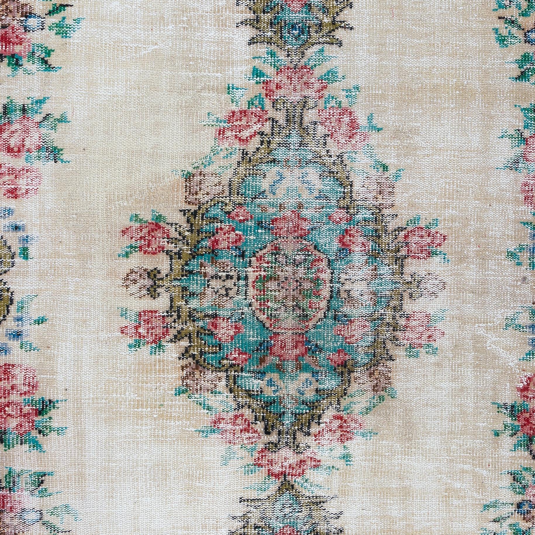 Hand-Woven 5.6x8.8 Ft Handmade Turkish Area Rug with Roses, Vintage Flower Design Carpet For Sale