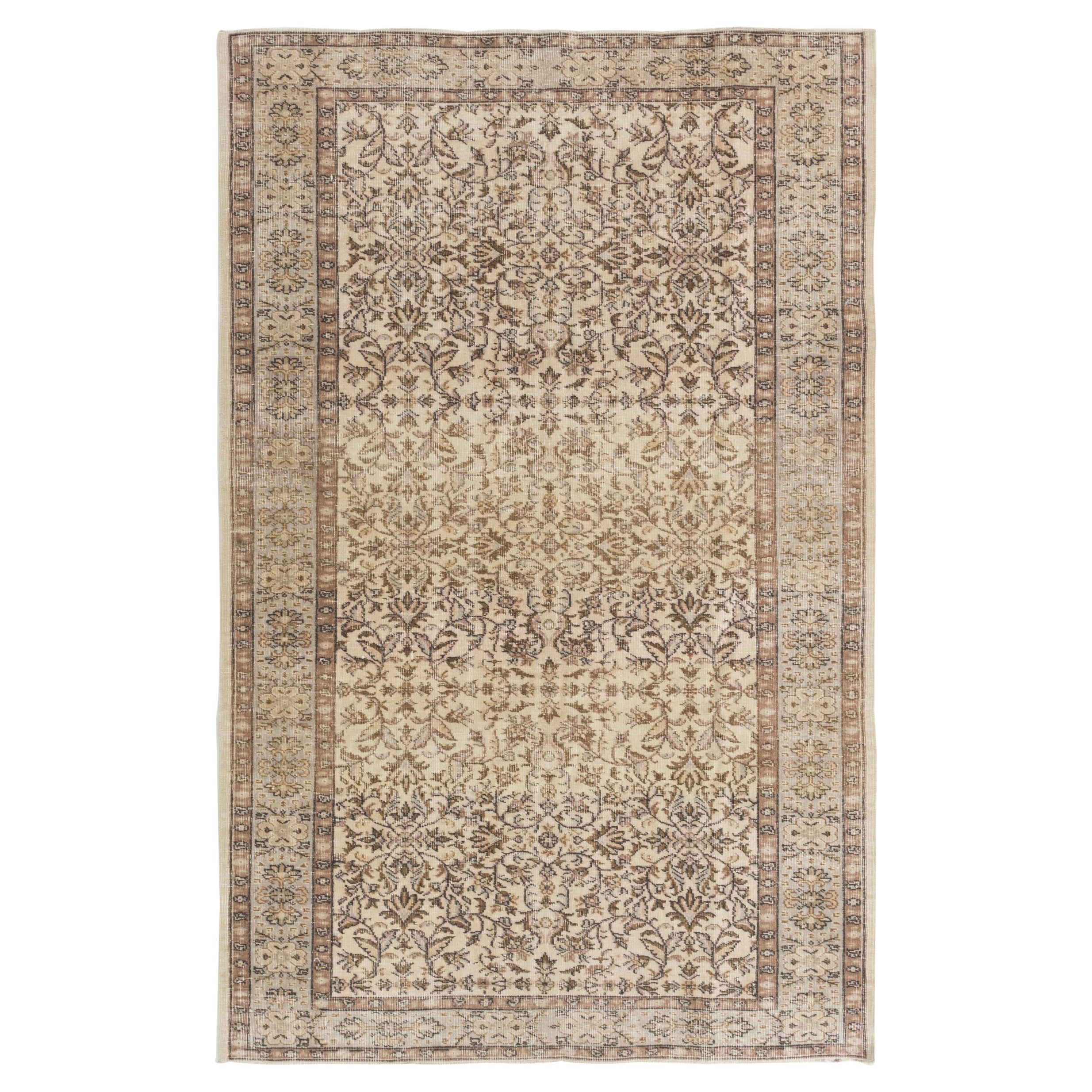 5.6x8.8 Ft Mid Century Vintage Handmade Turkish Oushak Rug with Floral Design