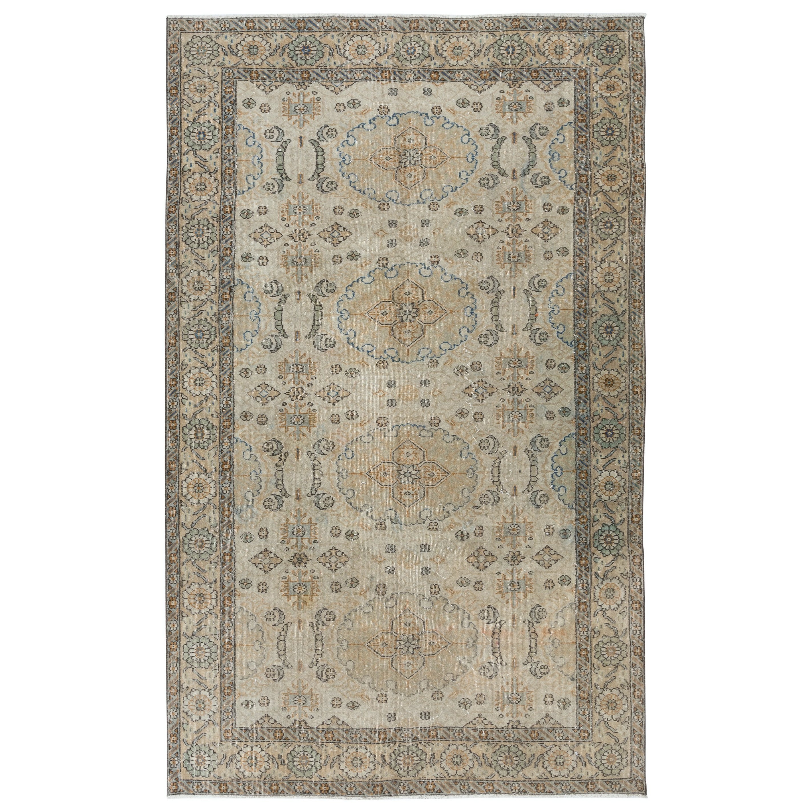 Tappeto Anatolian Oushak vintage fatto a mano di 5,6x8,8 piedi in beige per case di campagna