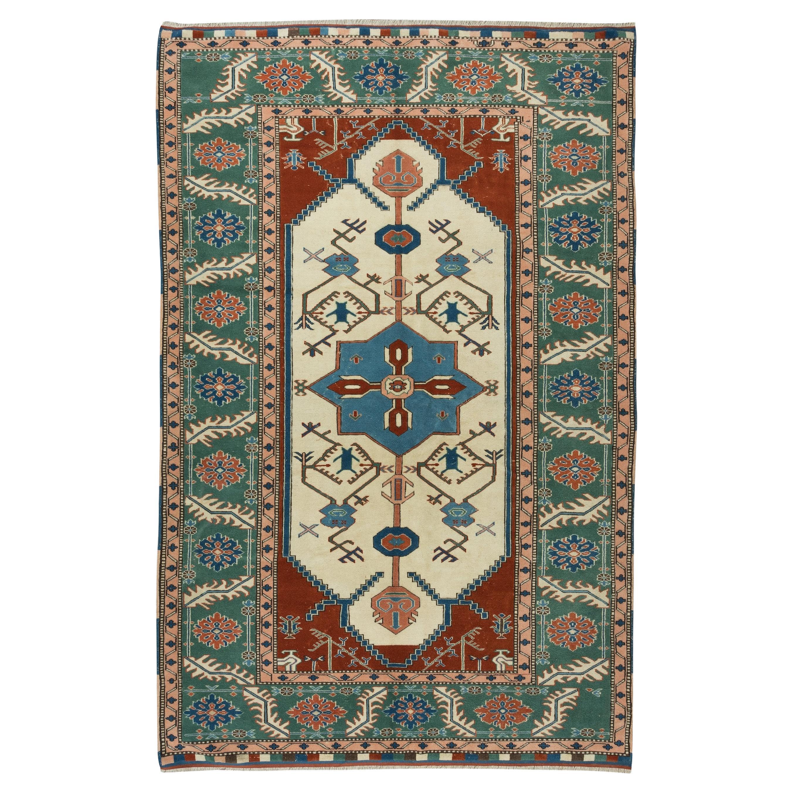 5.6x8.9 Ft Vintage Geometric Design Wool Rug, Authentic Handmade Turkish Carpet