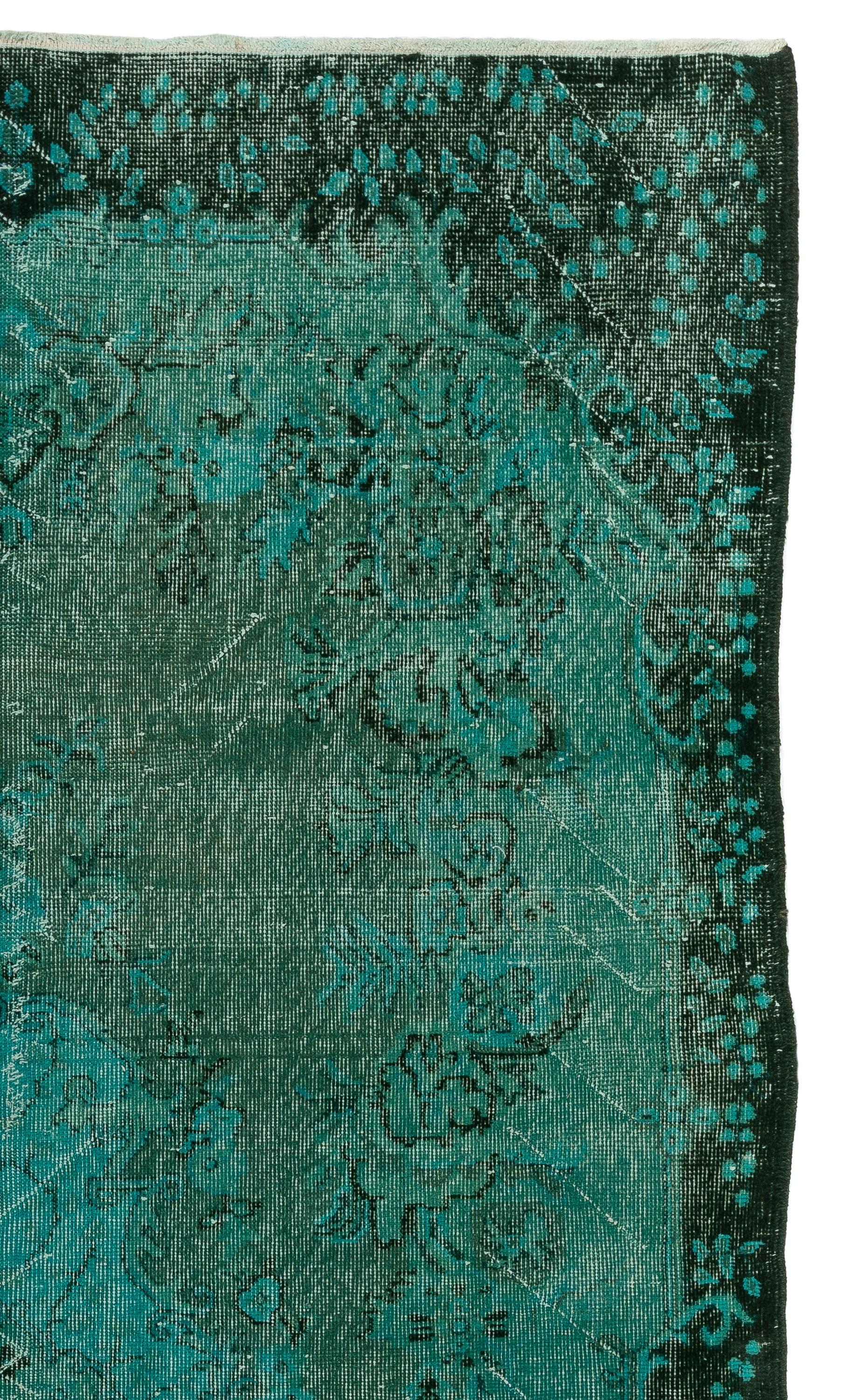 Modern 4.5x9 Ft One-of-a-Kind Vintage Area Rug Over-Dyed in Teal Color, Handmade Carpet