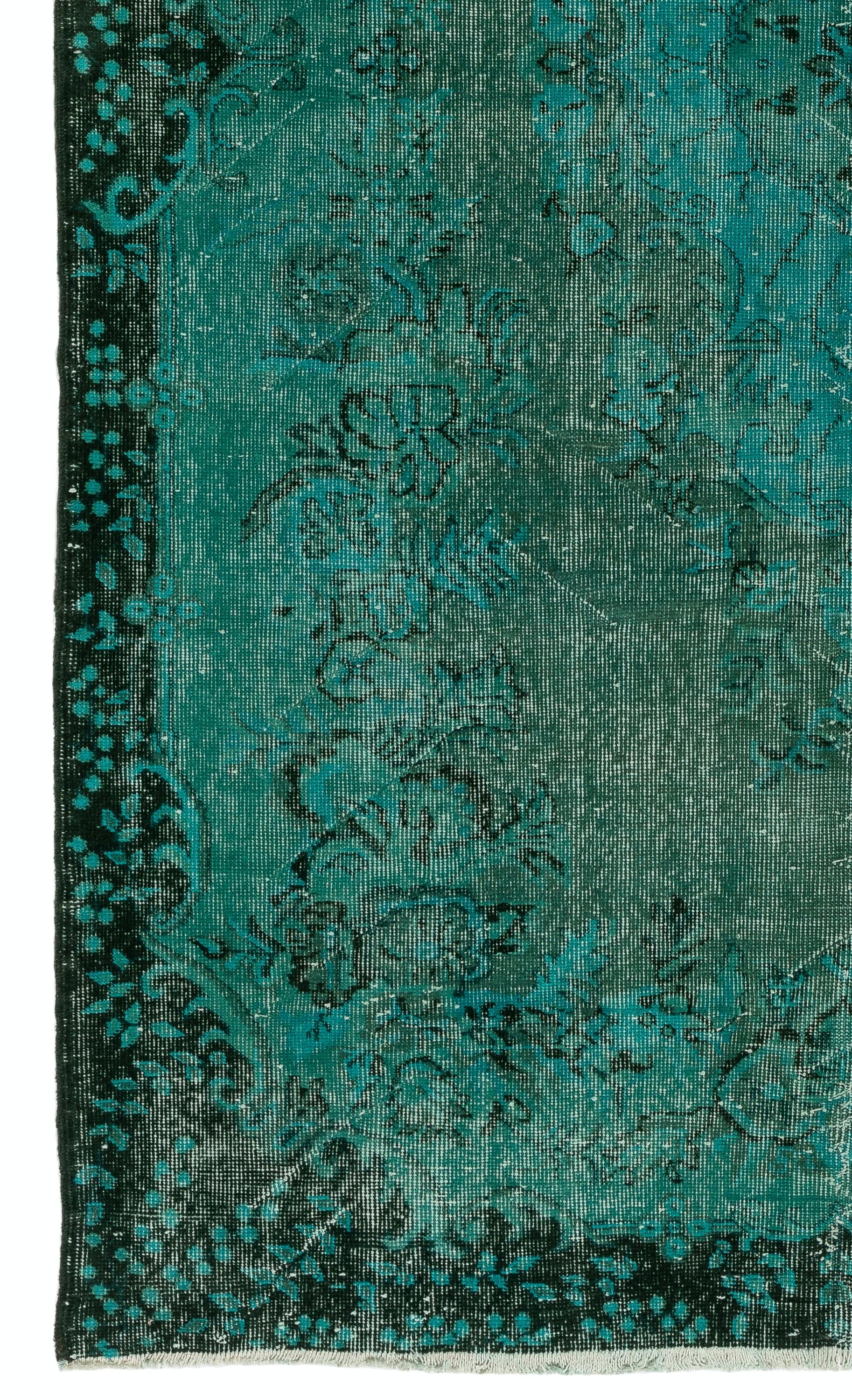 Turkish 4.5x9 Ft One-of-a-Kind Vintage Area Rug Over-Dyed in Teal Color, Handmade Carpet