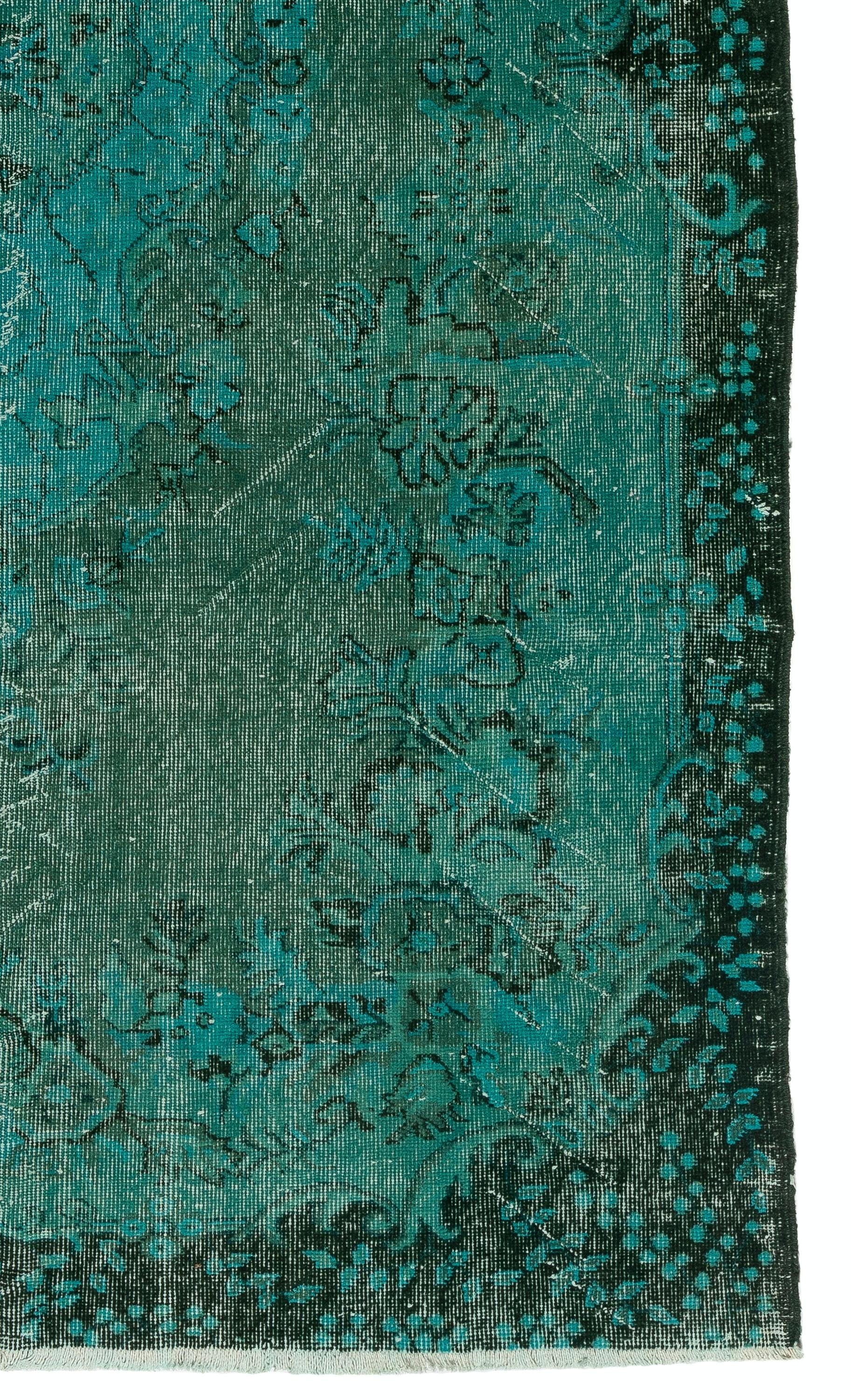 Hand-Woven 4.5x9 Ft One-of-a-Kind Vintage Area Rug Over-Dyed in Teal Color, Handmade Carpet