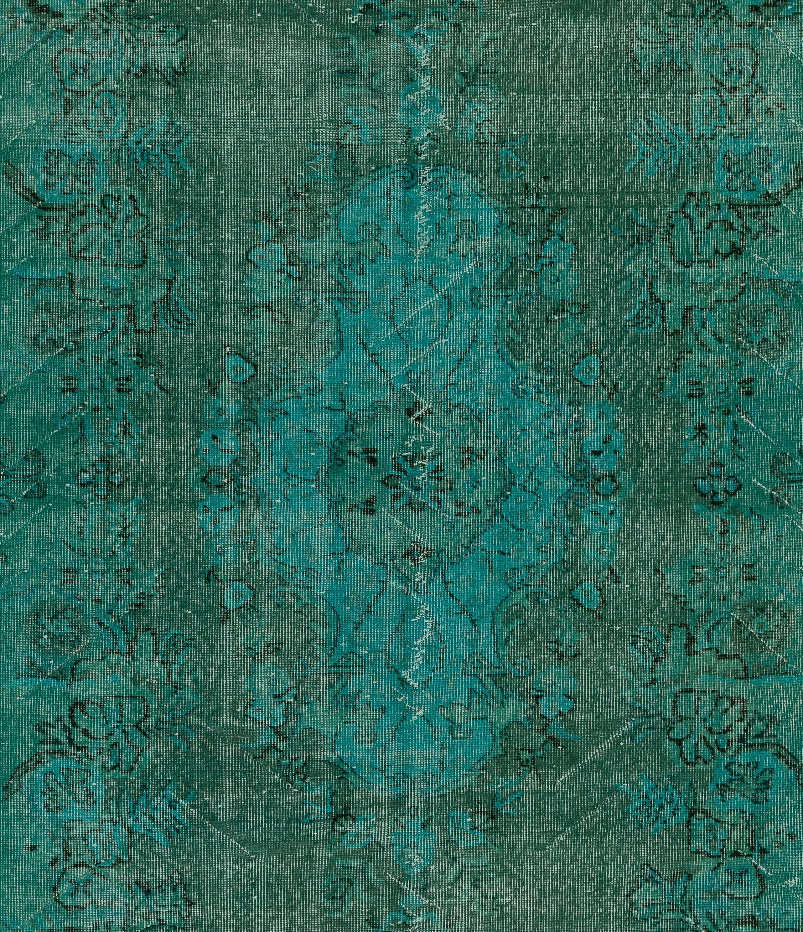 4.5x9 Ft One-of-a-Kind Vintage Area Rug Over-Dyed in Teal Color, Handmade Carpet In Good Condition In Philadelphia, PA