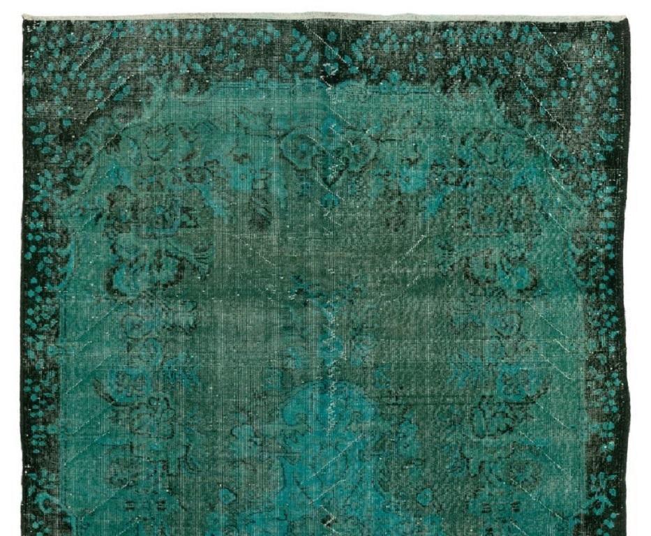 Mid-20th Century 4.5x9 Ft One-of-a-Kind Vintage Area Rug Over-Dyed in Teal Color, Handmade Carpet