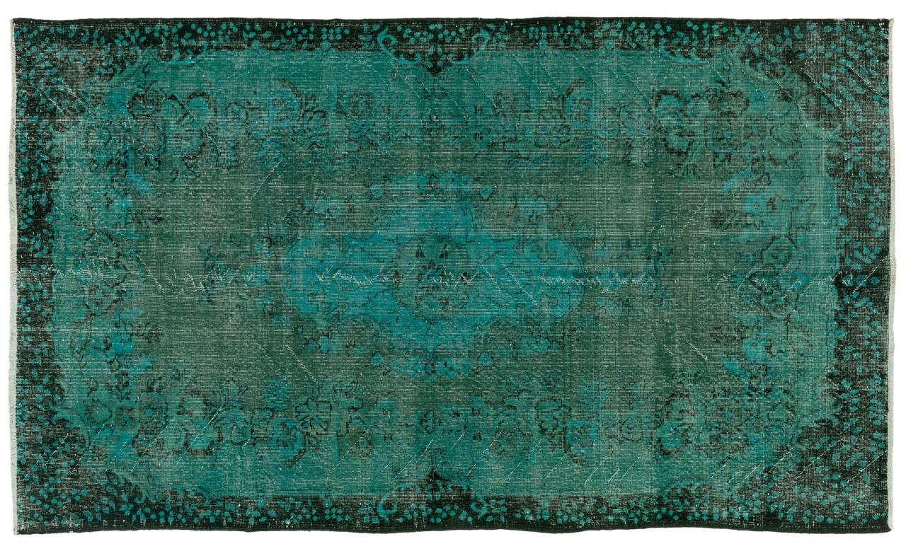 Wool 4.5x9 Ft One-of-a-Kind Vintage Area Rug Over-Dyed in Teal Color, Handmade Carpet