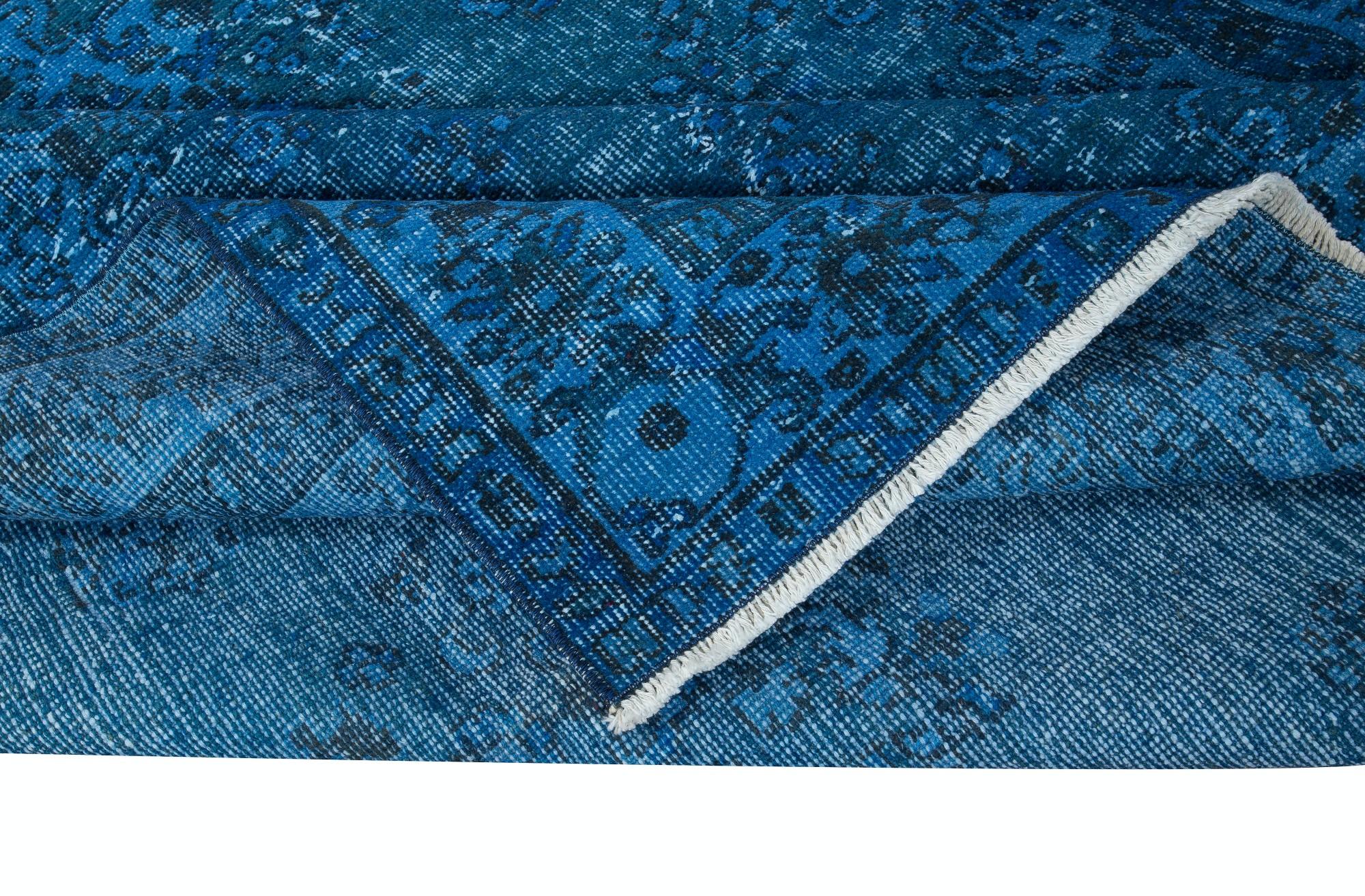 Hand-Knotted 5.6x9 Ft Blue Modern Rug, Room-Size Redyed Carpet, Handmade Living Room Carpet For Sale