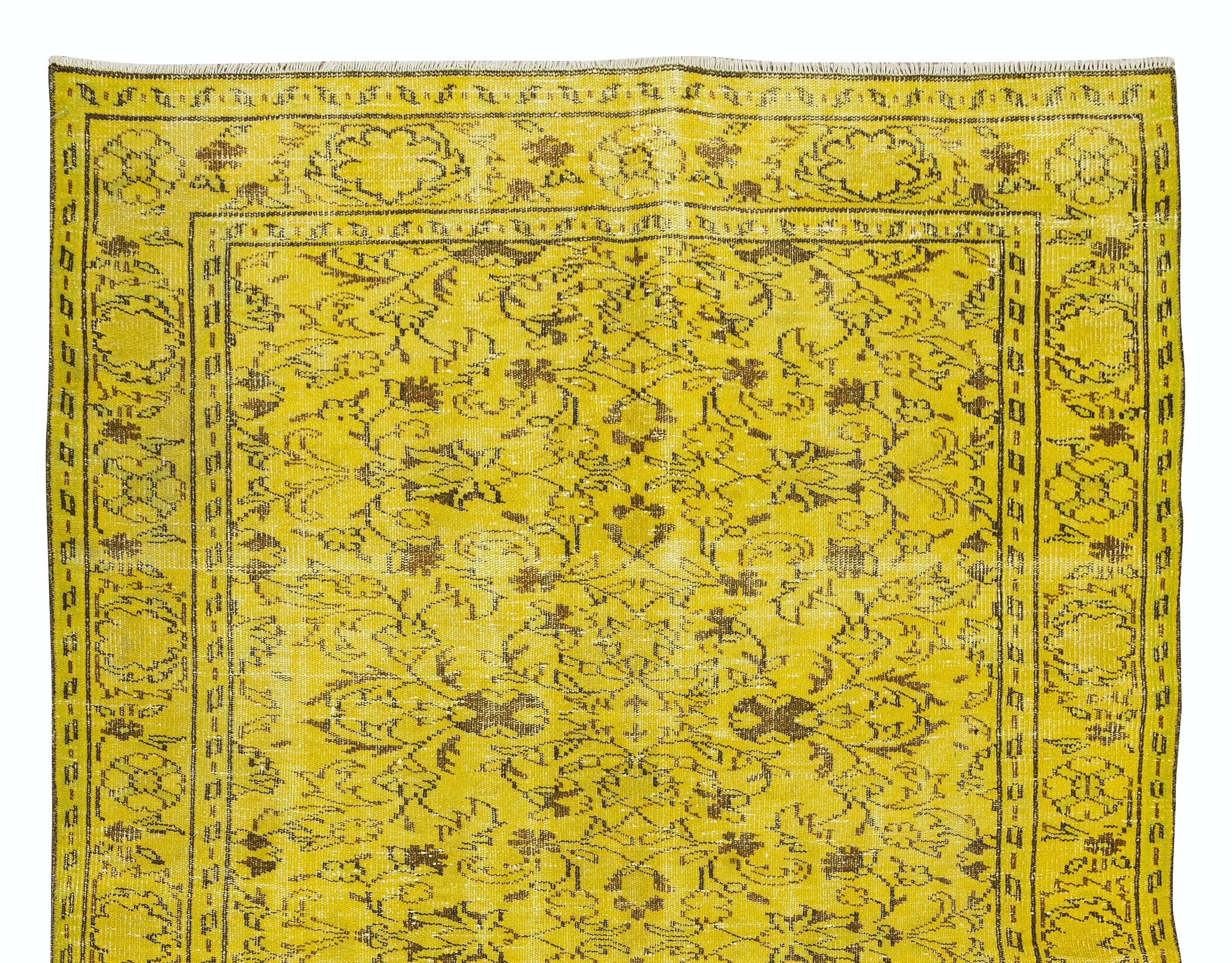 Hand-Knotted 5.6x9 Ft Floral Pattern Yellow Over-Dyed Rug, 1960s Turkish Handmade Wool Carpet For Sale
