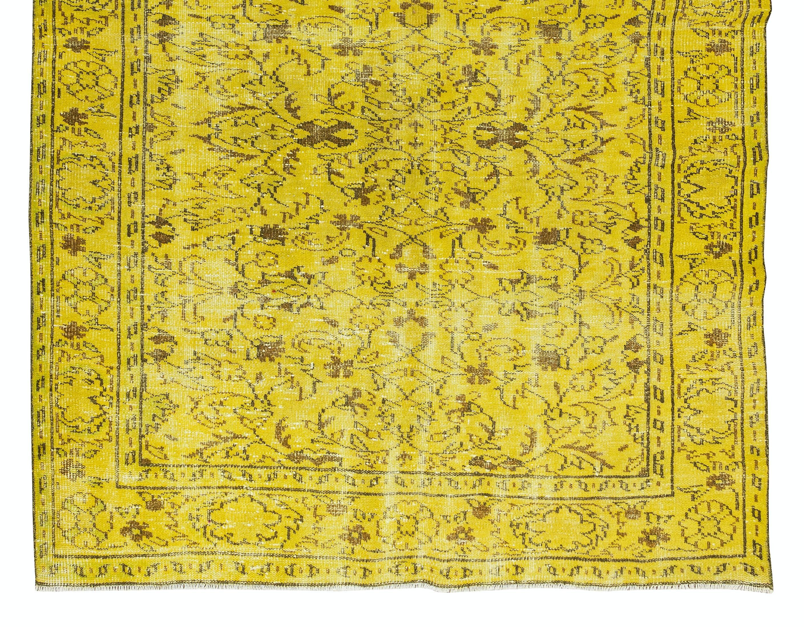 5.6x9 Ft Floral Pattern Yellow Over-Dyed Rug, 1960s Turkish Handmade Wool Carpet In Good Condition For Sale In Philadelphia, PA