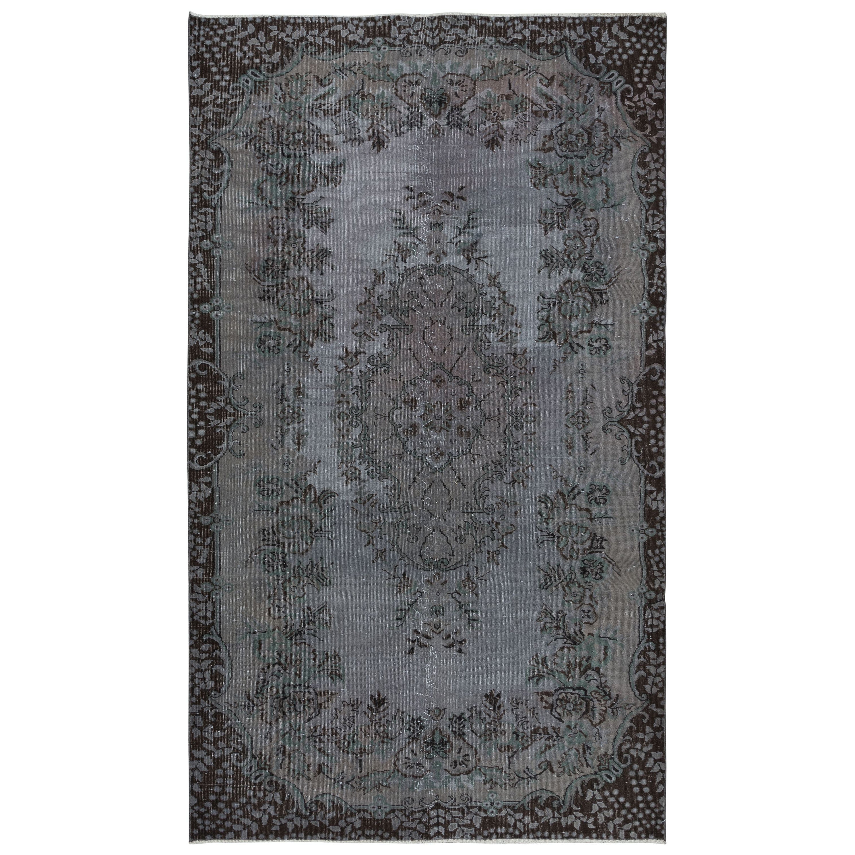 5.6x9 Ft Handgeknüpfter Teppich mit geblümtem Medaillon, grauer moderner türkischer Teppich im Angebot