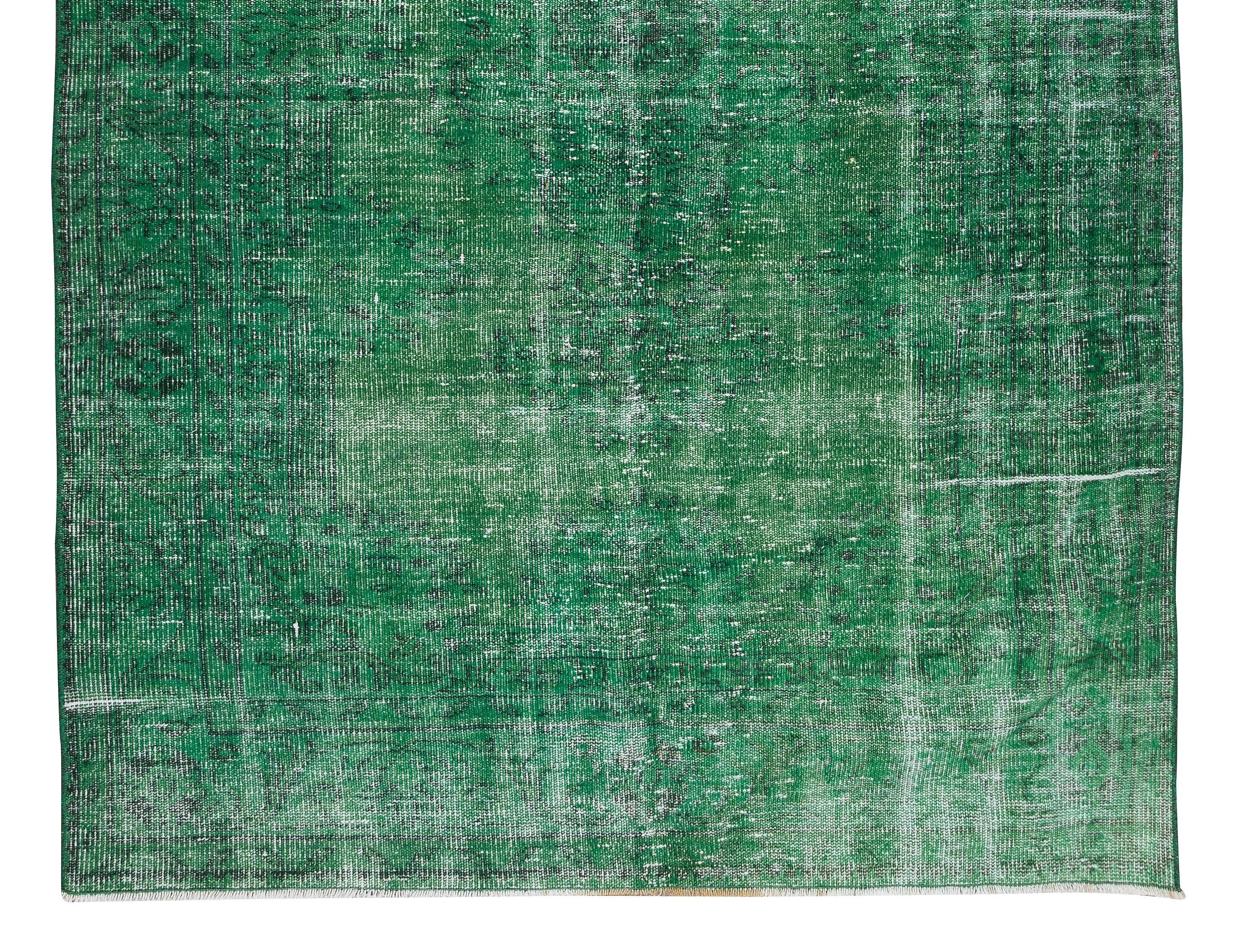 Hand-Knotted 5.6x9.5 Ft Handmade Central Anatolian Vintage Wool Area Rug Over-Dyed in Green For Sale