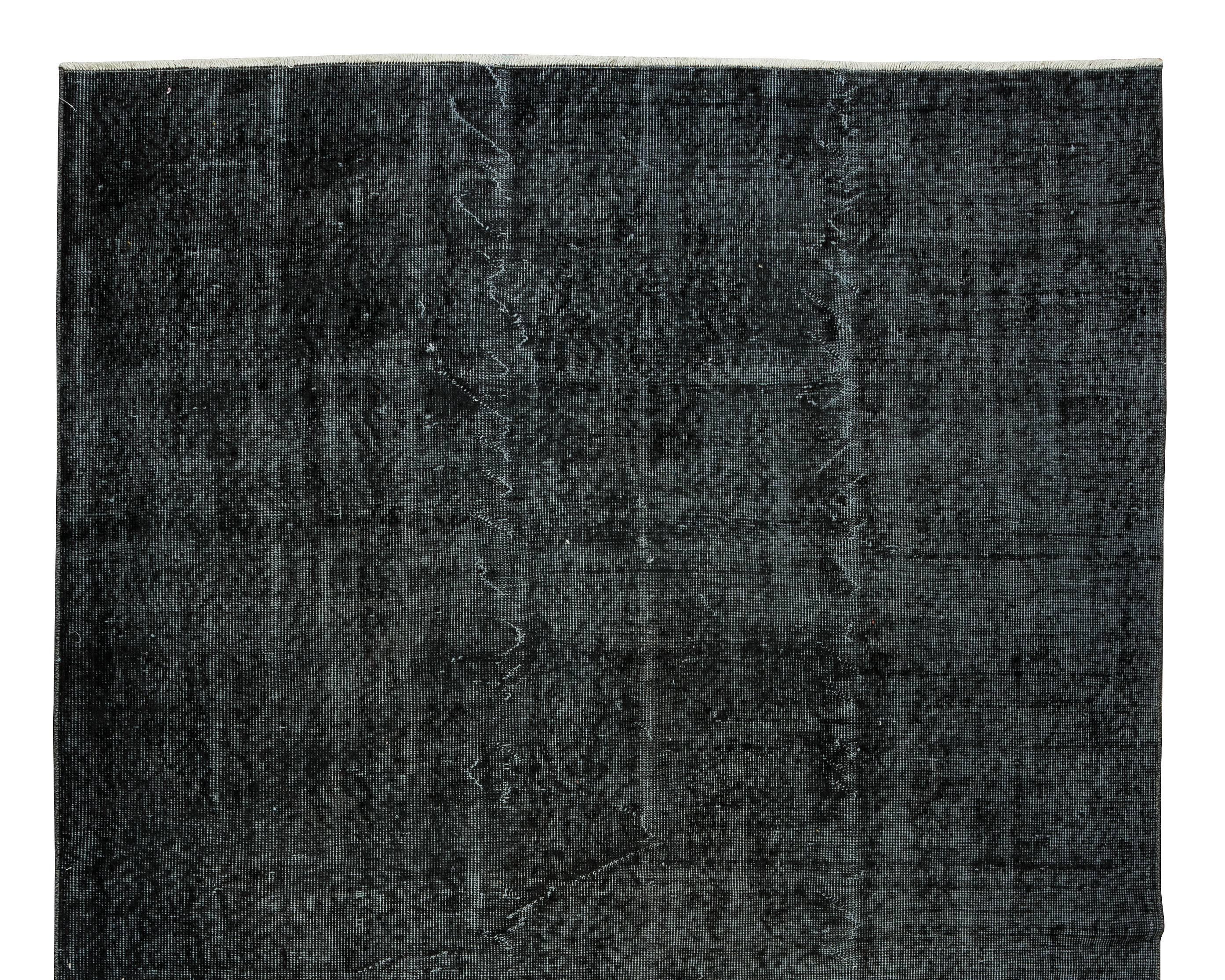 Hand-Knotted 5.6x9 Ft Modern Anatolian Area Rug Over-Dyed in Black, Vintage Handmade Carpet For Sale