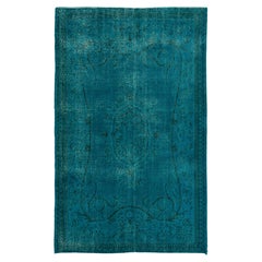 5.6x9 Ft Vintage Hand-knotted Turkish Wool Area Rug Over-Dyed in Teal Blue