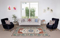 5.6x9 Ft Vintage Hand-Knotted Rug – Teal, Rust and Ivory Geometric Wool Rug