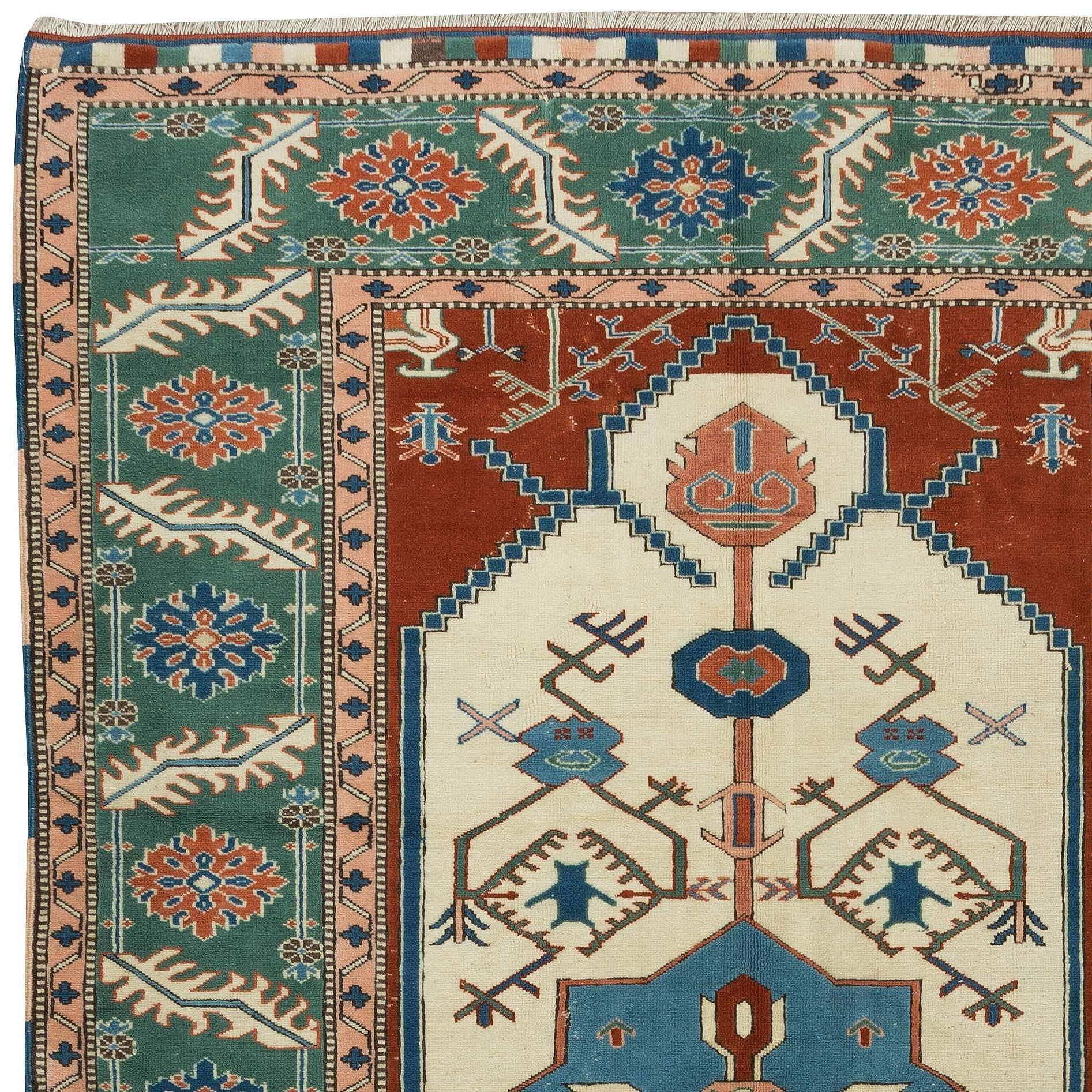 Hand-Knotted 5.6x9 Ft Vintage Handmade Turkish Area Rug with Geometric Medallion Design For Sale