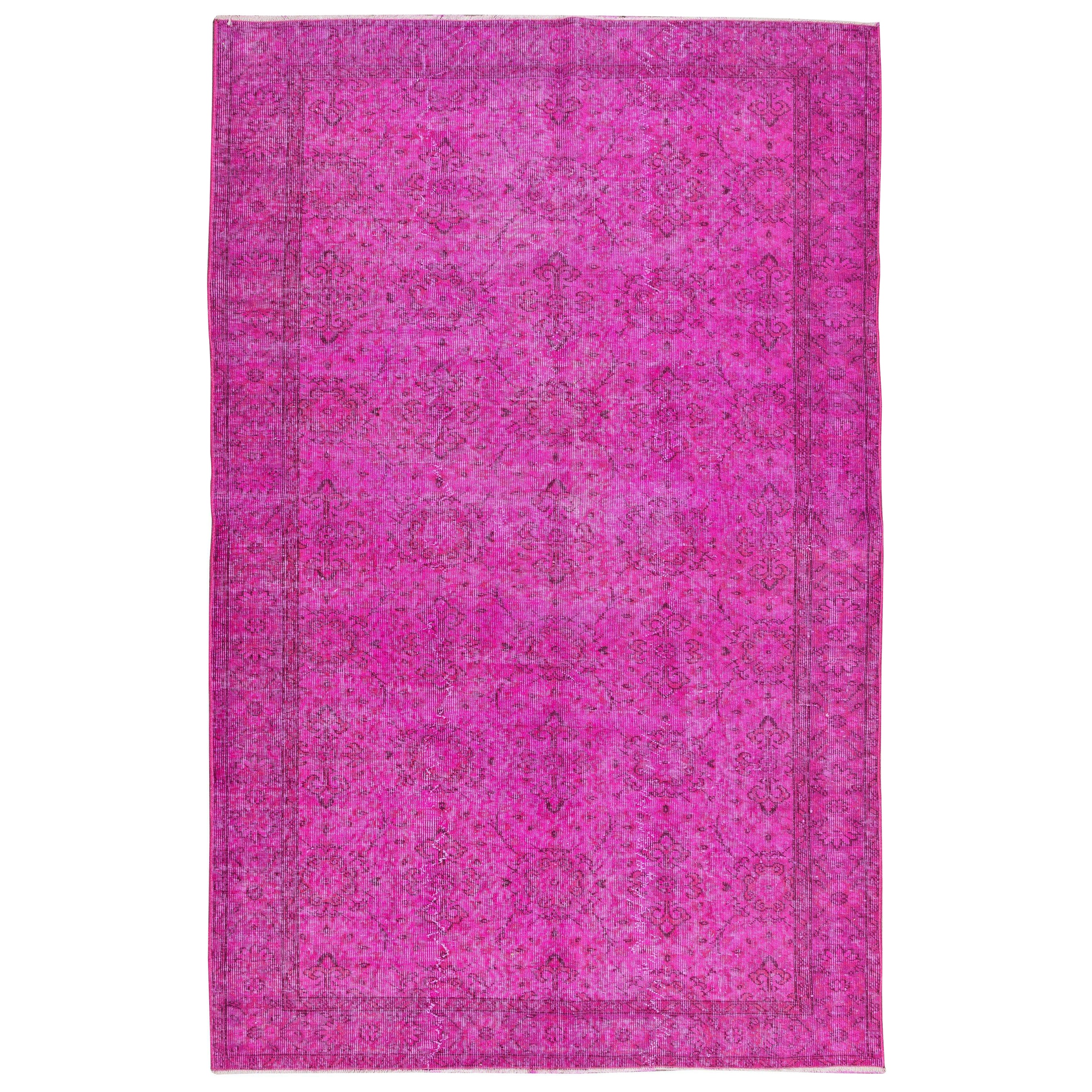 5.6x9 Ft Vintage Handgefertigter türkischer Teppich in Rosa, moderner Wollteppich mit Blumenmuster