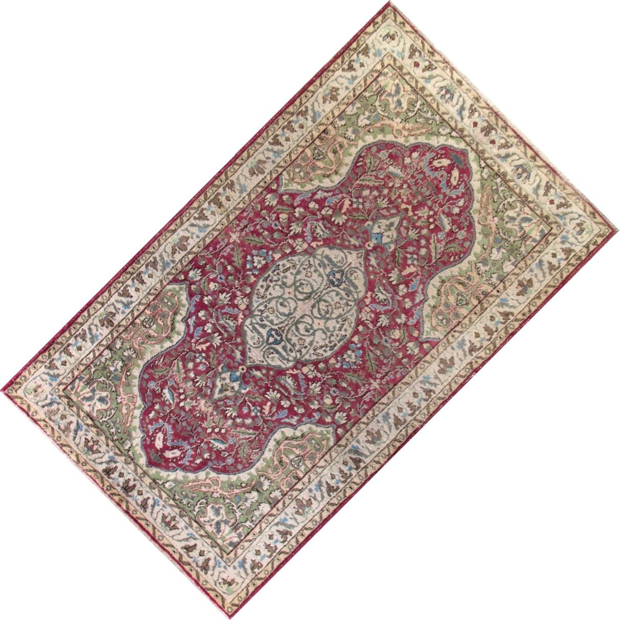 Turkish 5.6x9.2 Ft Vintage Oriental Rug in Red and Green, Hand Knotted Wool Carpet For Sale