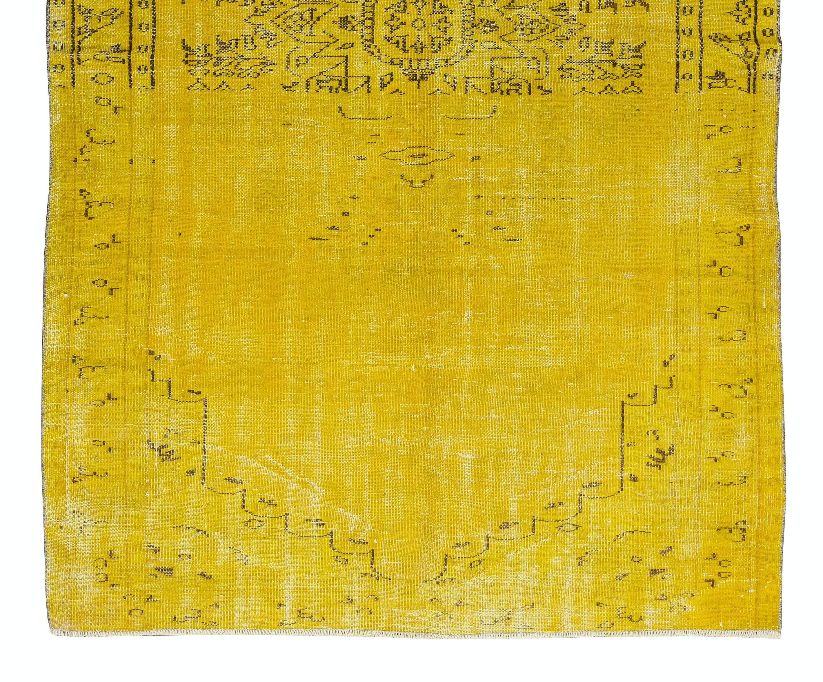 Hand-Knotted Contemporary Yellow Re-Dyed Rug, Vintage Handmade Carpet from Turkey For Sale