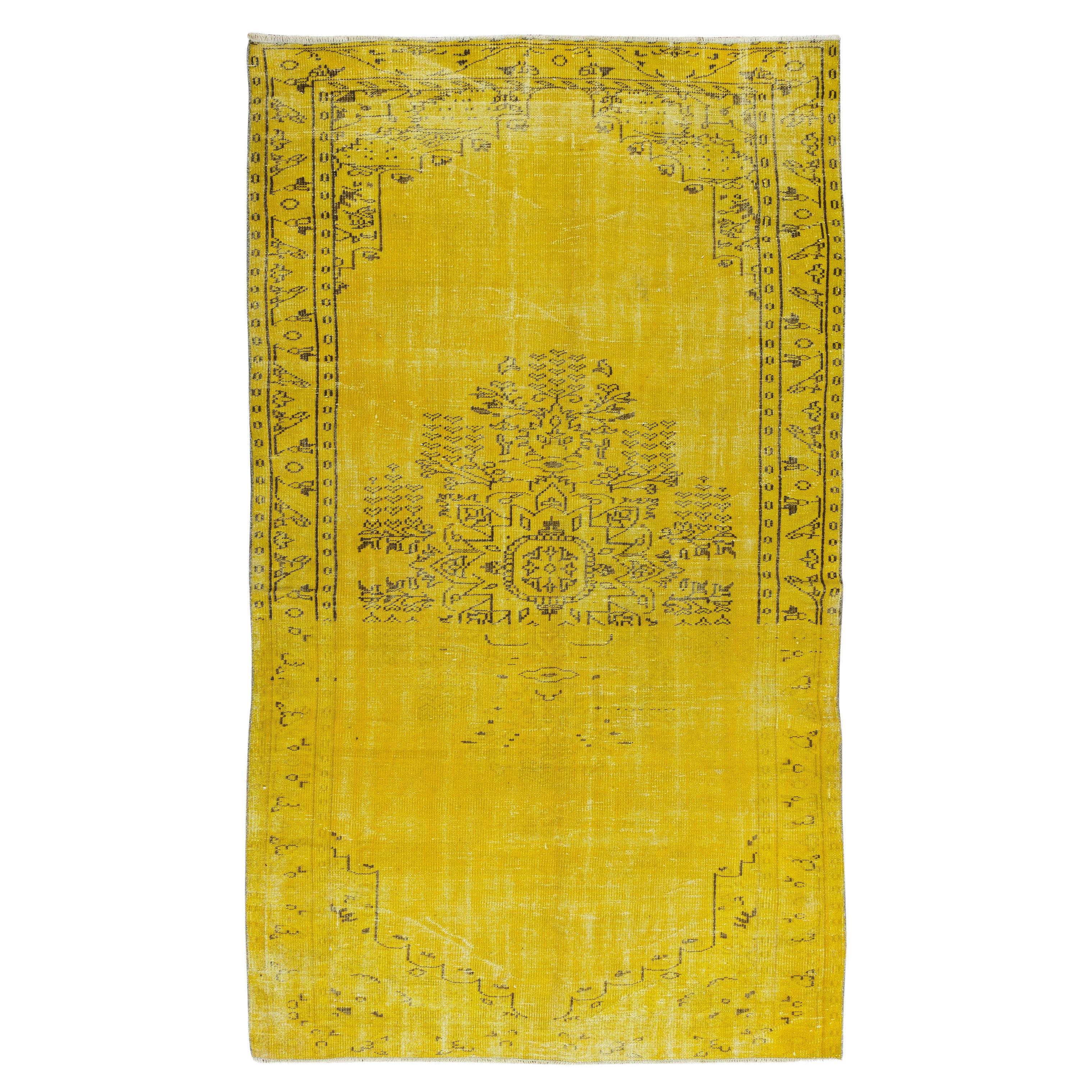 Contemporary Yellow Re-Dyed Rug, Vintage Handmade Carpet from Turkey For Sale