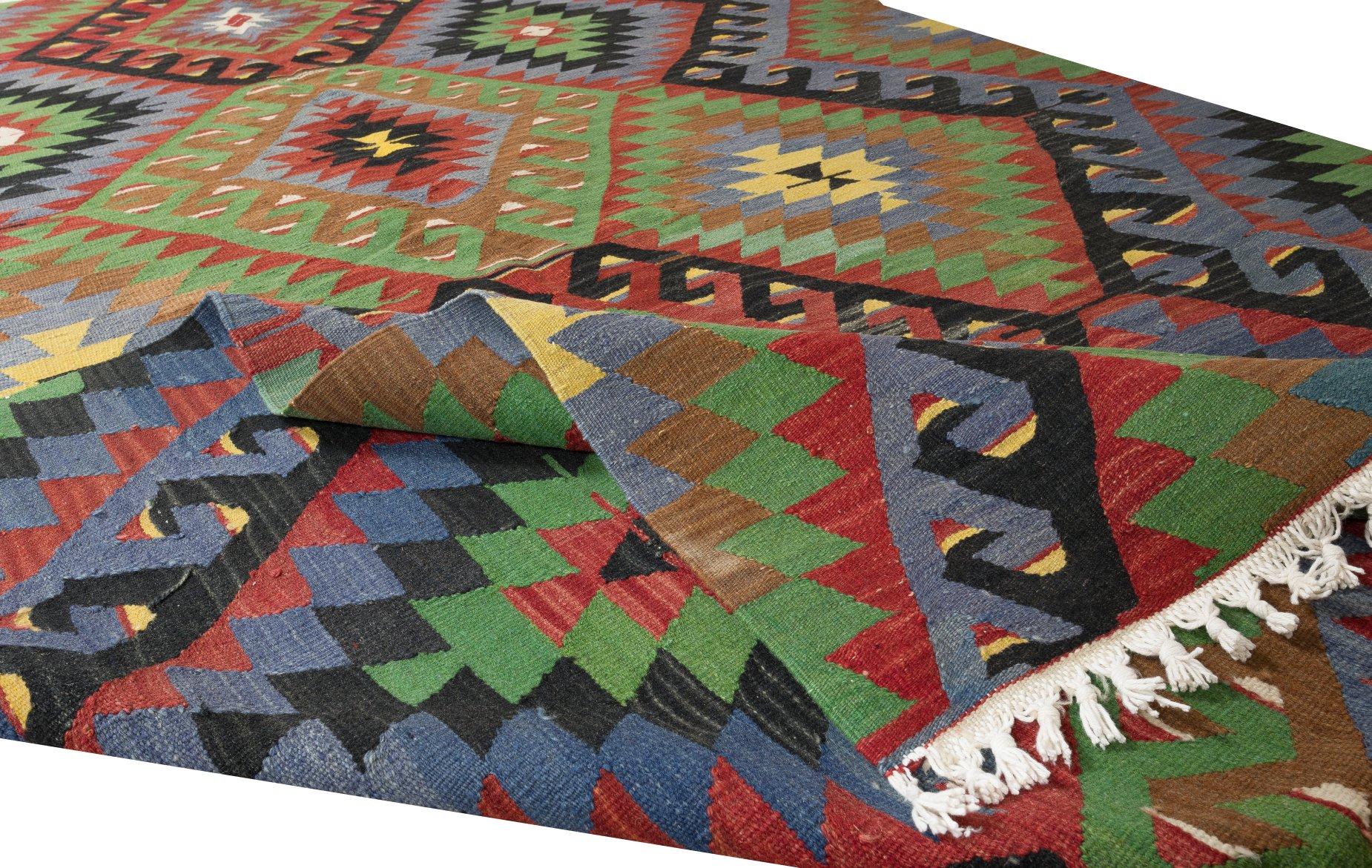 5.6x9.3 Ft Mehrfarbiger handgefertigter türkischer Wollkilim, einzigartiger Flachgewebe-Teppich (Kelim) im Angebot