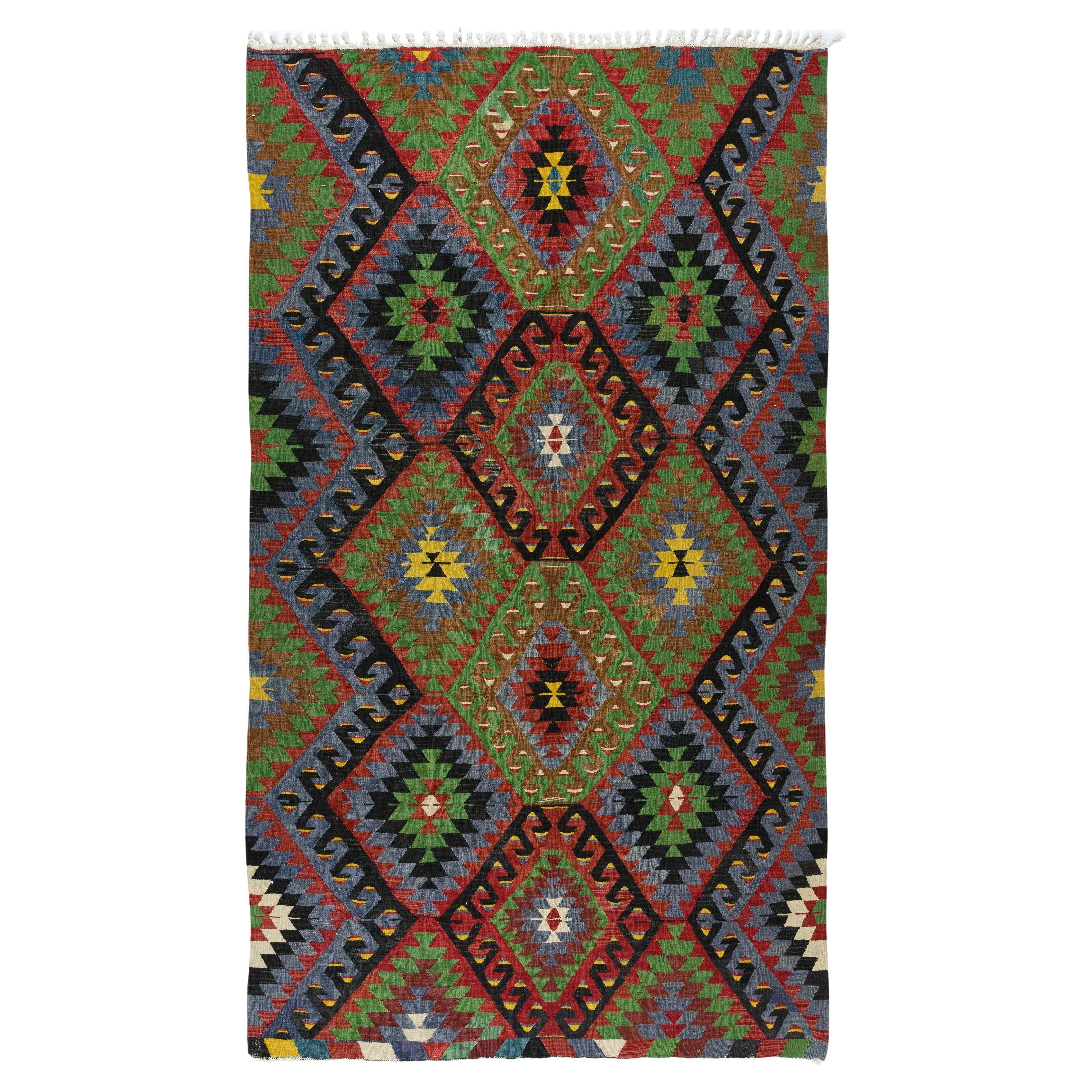 5.6x9.3 Ft Multicolored Handmade Turkish Wool Kilim, One of a Kind FlatWeave Rug For Sale