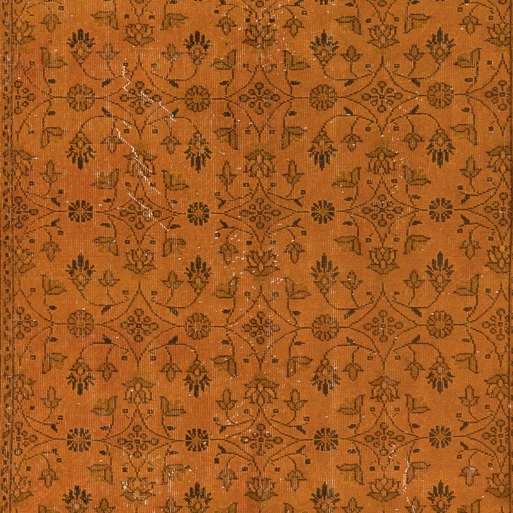 Modern 5.6x9.3 Ft Orange Handmade Turkish Rug with All-Over Botanical Design For Sale