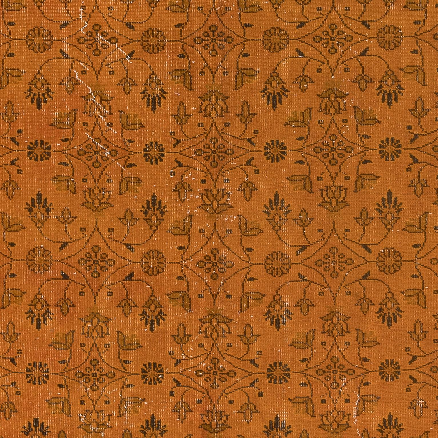 Moderno Tappeto arancione in lana turca fatto a mano 5,6x9,3 piedi con design botanico all-over in vendita